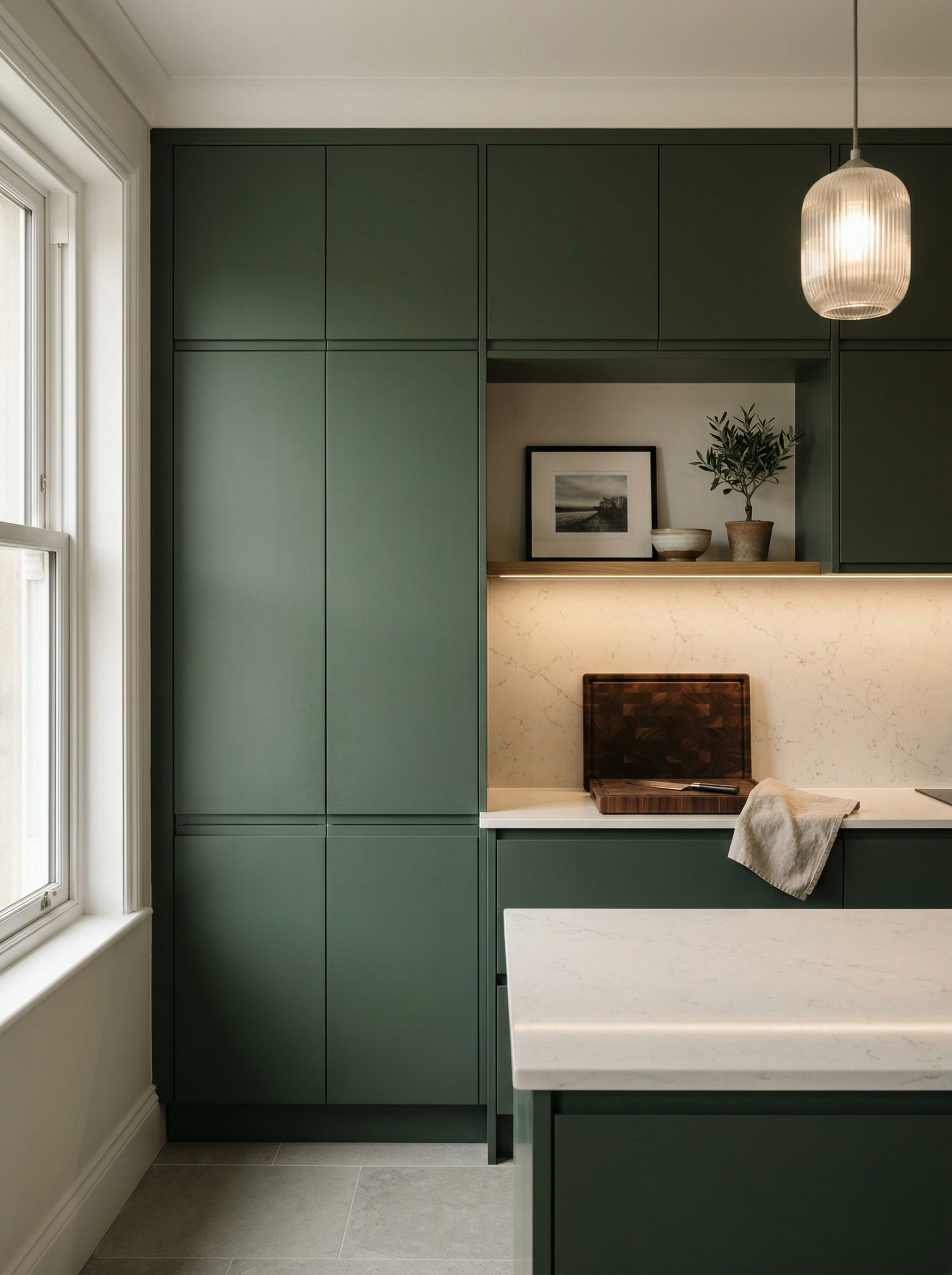 Tall view of full-height bespoke kitchen cabinetry, timber veneer slab-door cabinetry