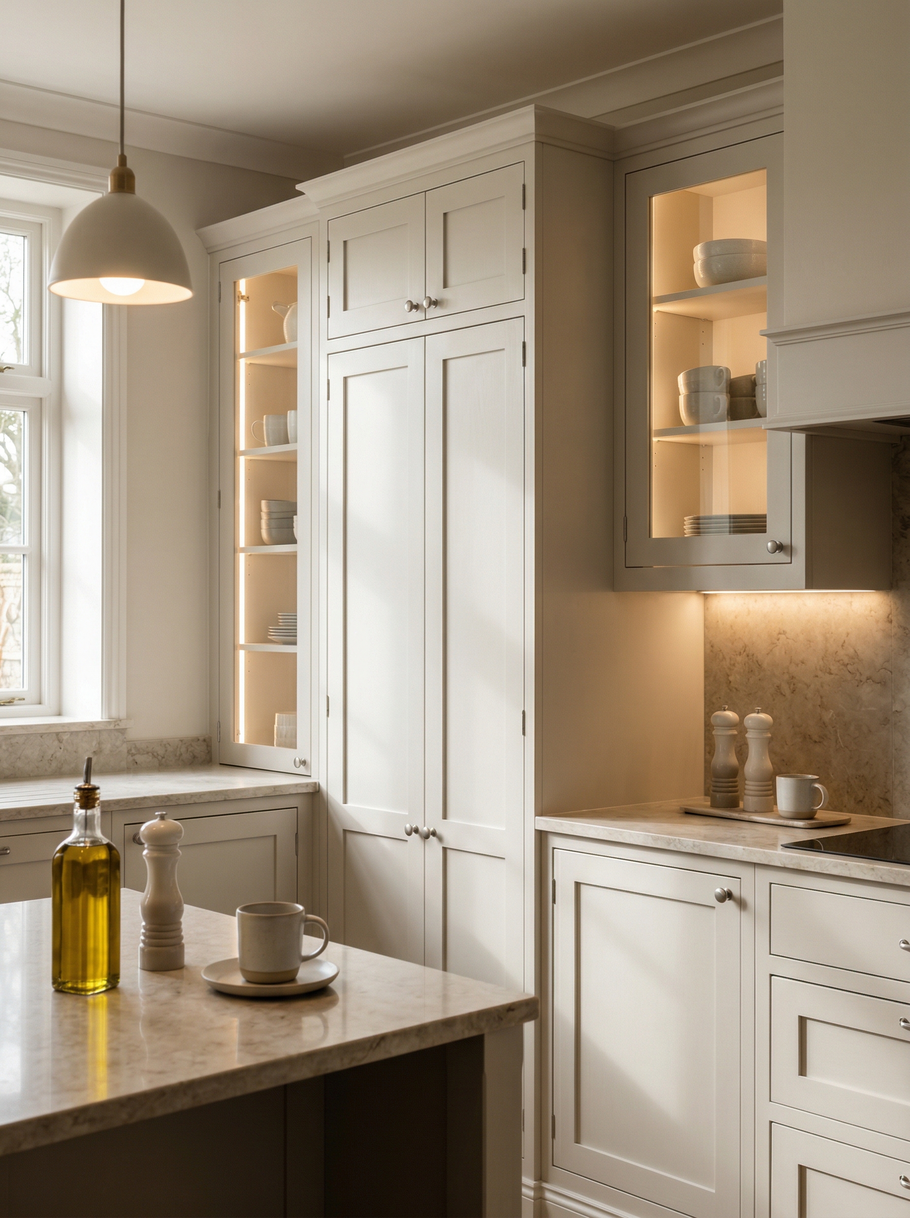 Bespoke kitchen installation, full-height cabinetry and considered storage design