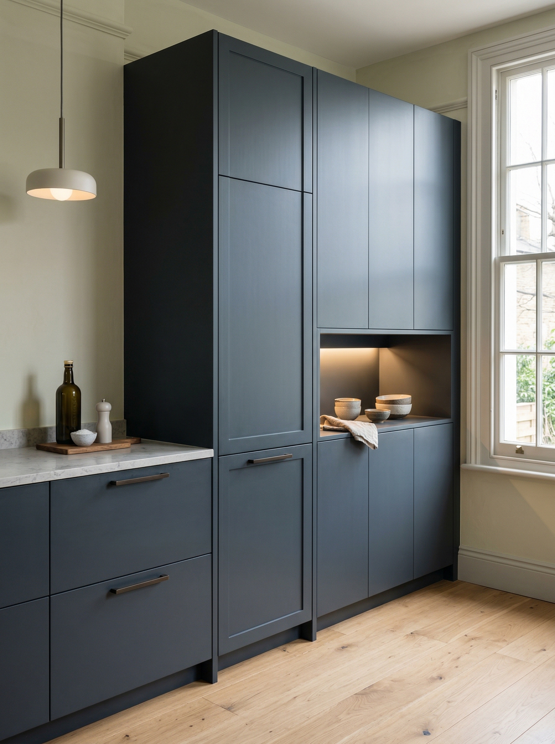 Bespoke kitchen installation, full-height cabinetry and considered storage design