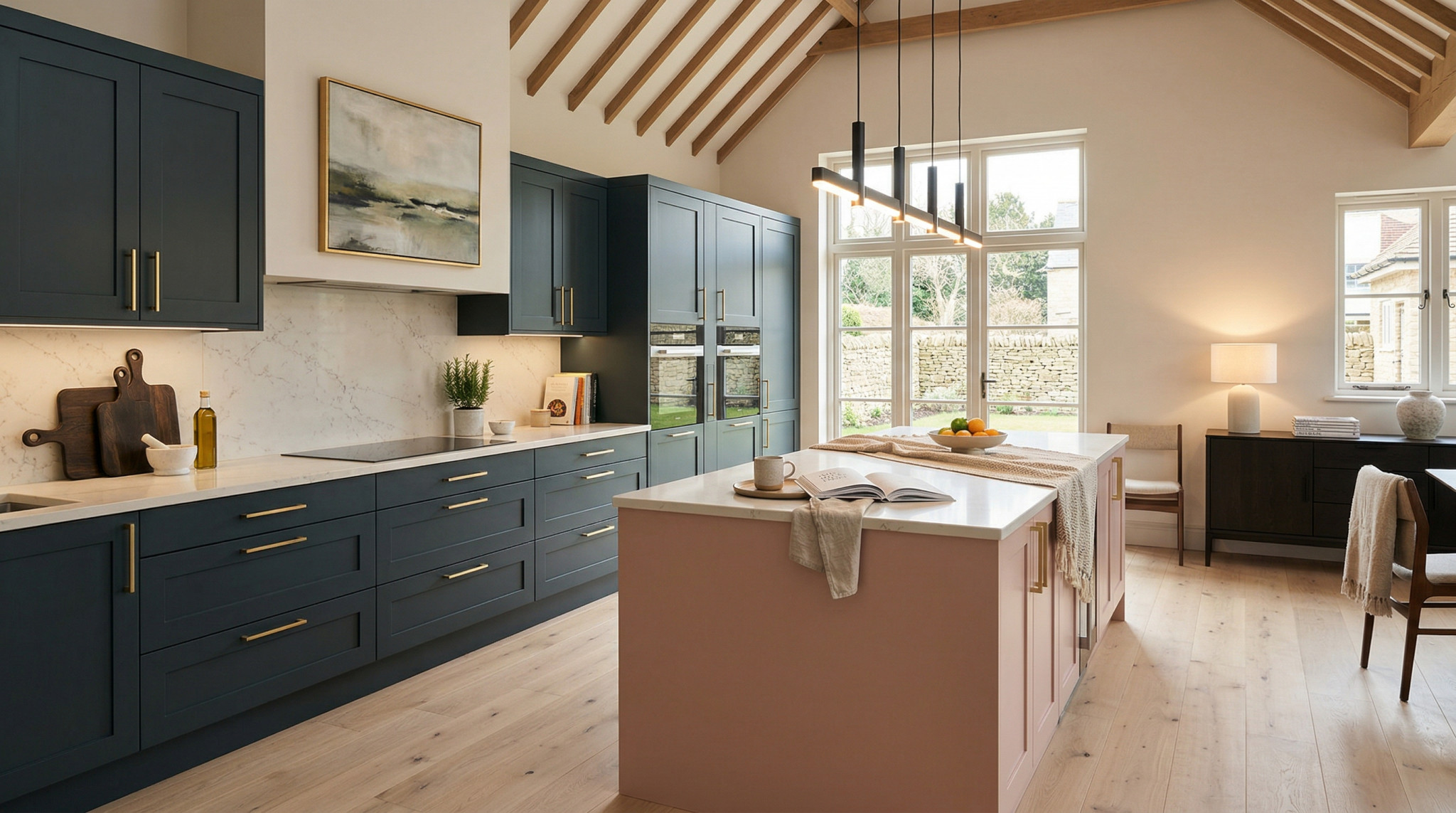 Wide view of a newly completed bespoke Mastercraft kitchen, contemporary painted lay-on cabinetry in indigo tones