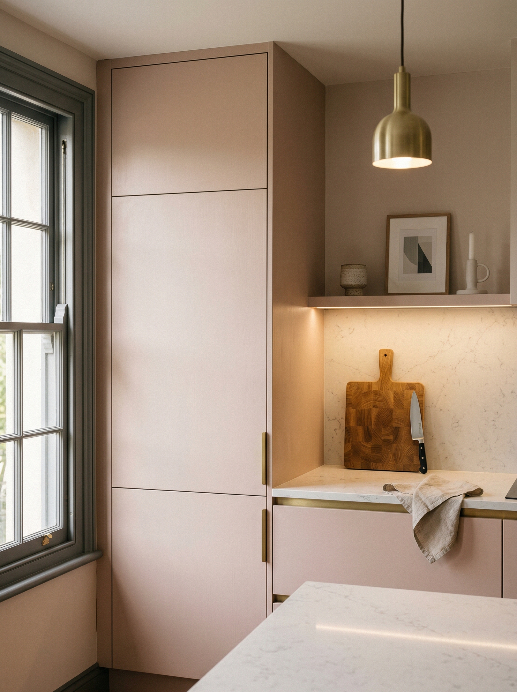 Tall view of full-height bespoke kitchen cabinetry, contemporary painted lay-on cabinetry