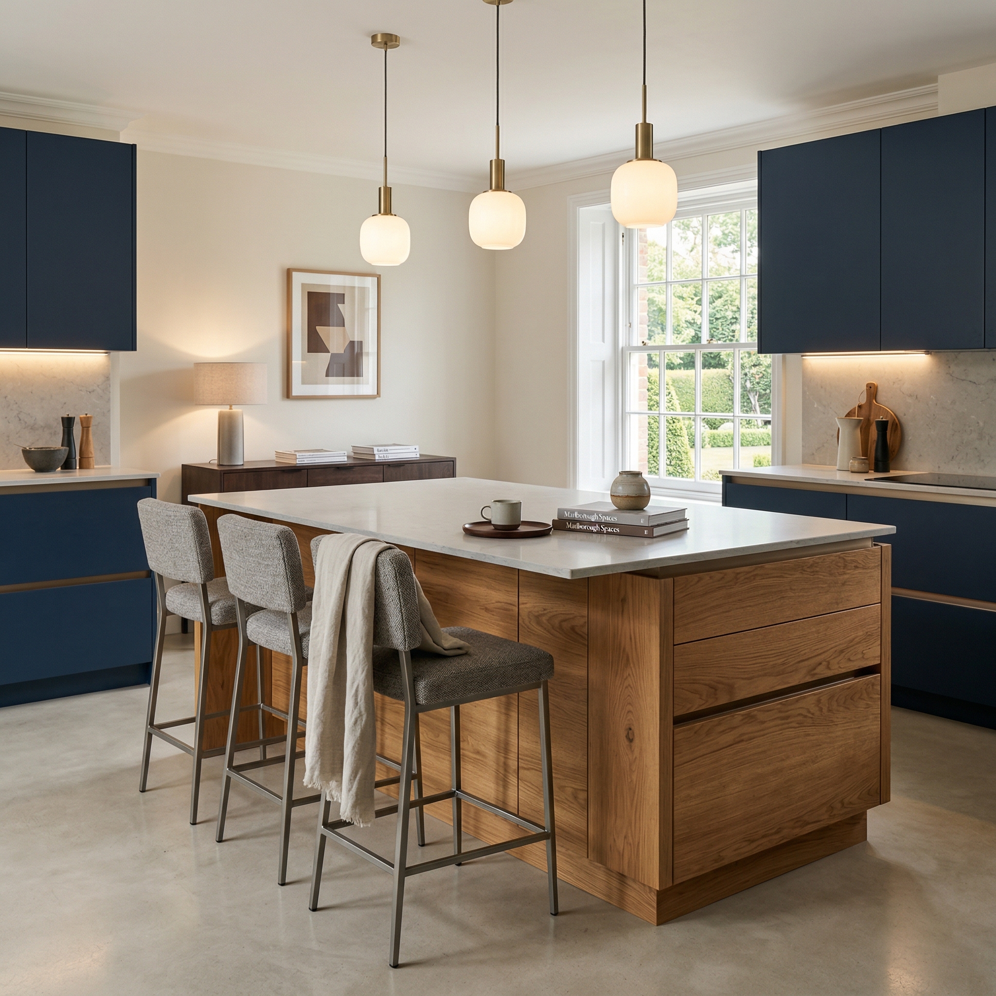 Bespoke kitchen island detail, contemporary painted lay-on cabinetry with quality joinery