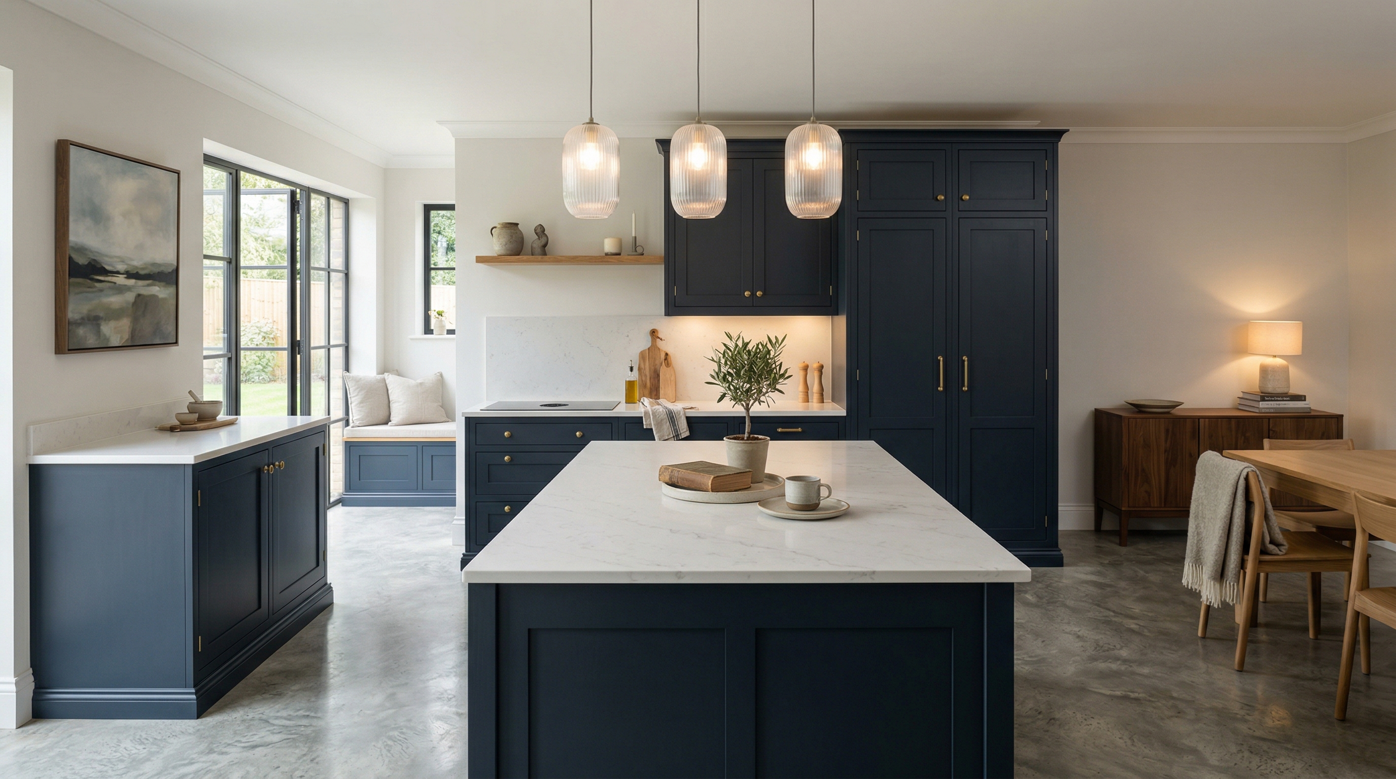 Mastercraft bespoke kitchen in Marshfield, wide architectural view showing room volume and design quality