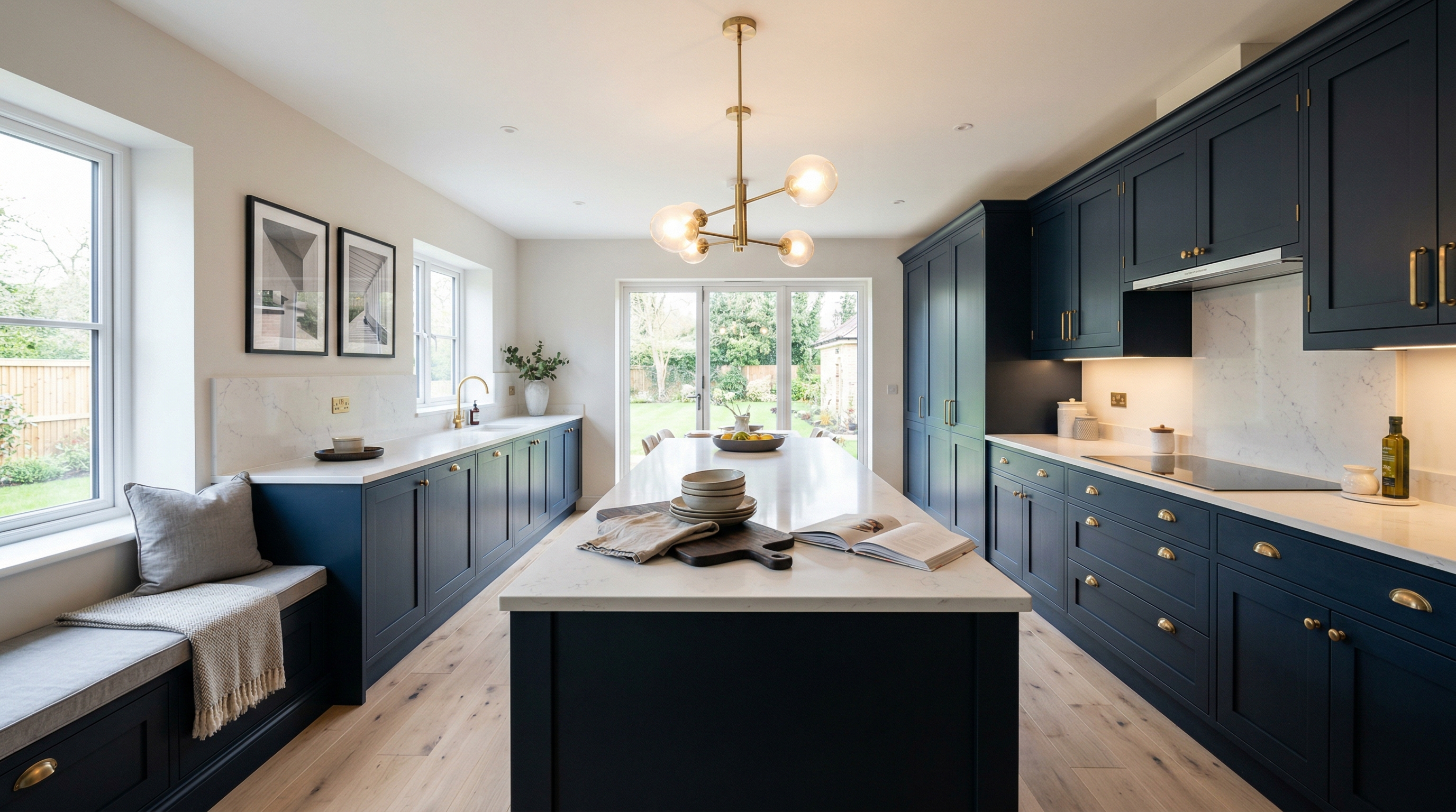 Wide view of a newly completed bespoke Mastercraft kitchen, modern shaker cabinetry in sage green tones