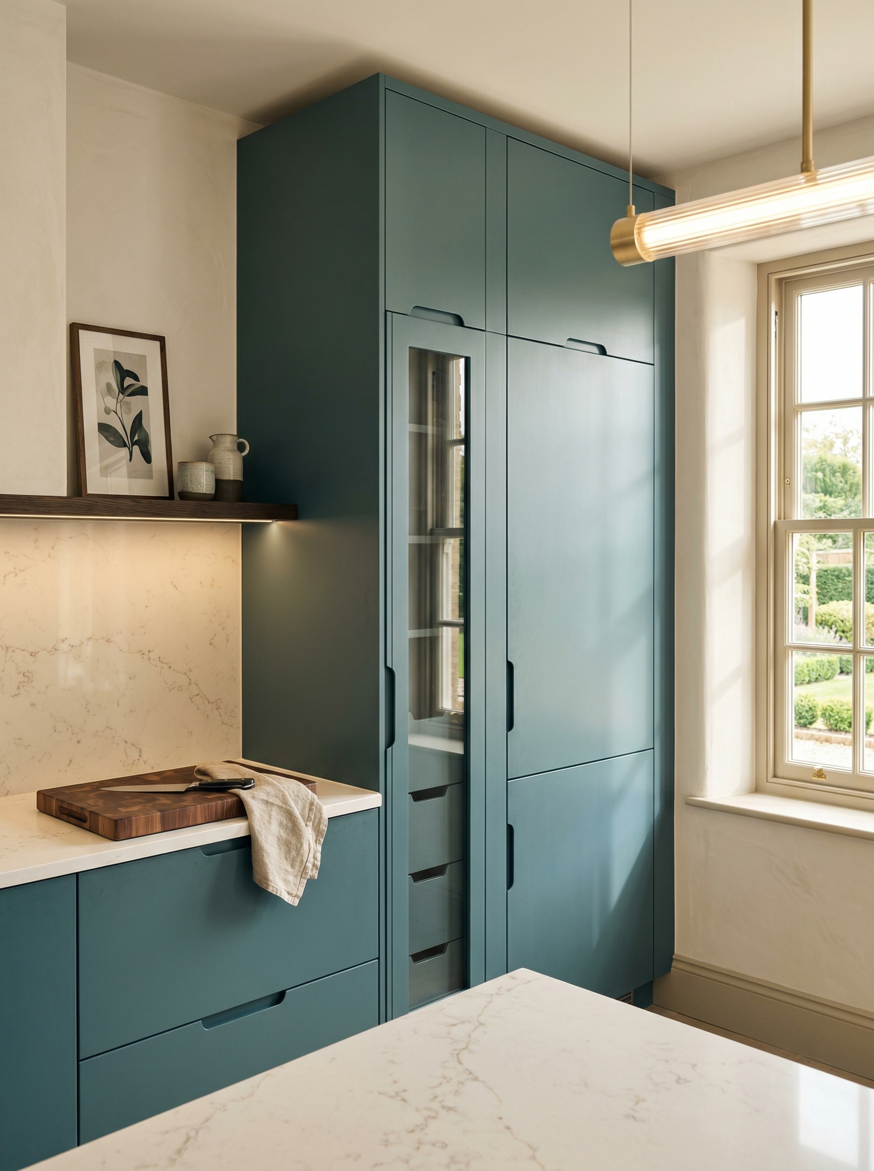 Tall view of full-height bespoke kitchen cabinetry, modern shaker cabinetry