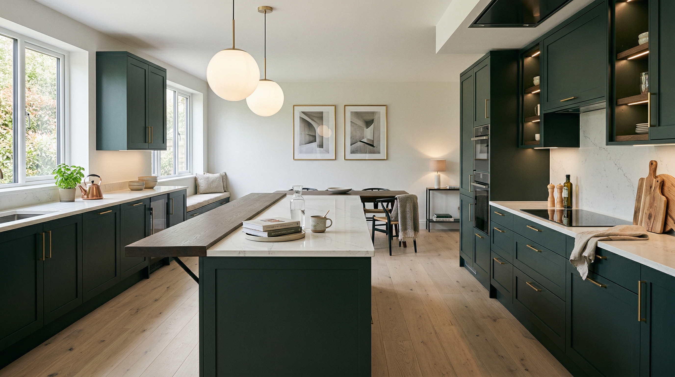 hero_1200x675 Wide view of a newly completed bespoke Mastercraft kitchen, contemporary in-frame cabinetry in shell tones