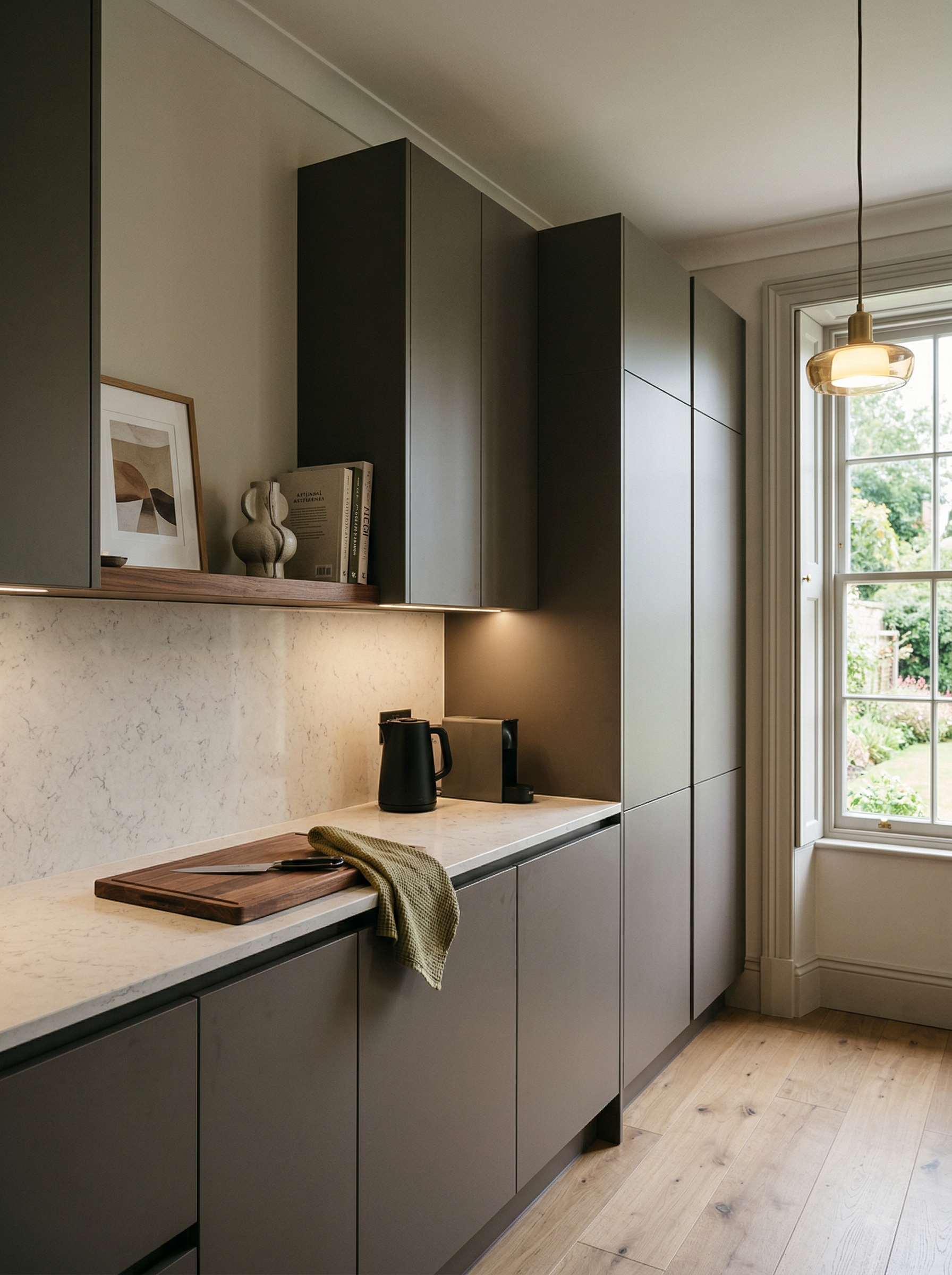 Tall view of full-height bespoke kitchen cabinetry, contemporary in-frame cabinetry