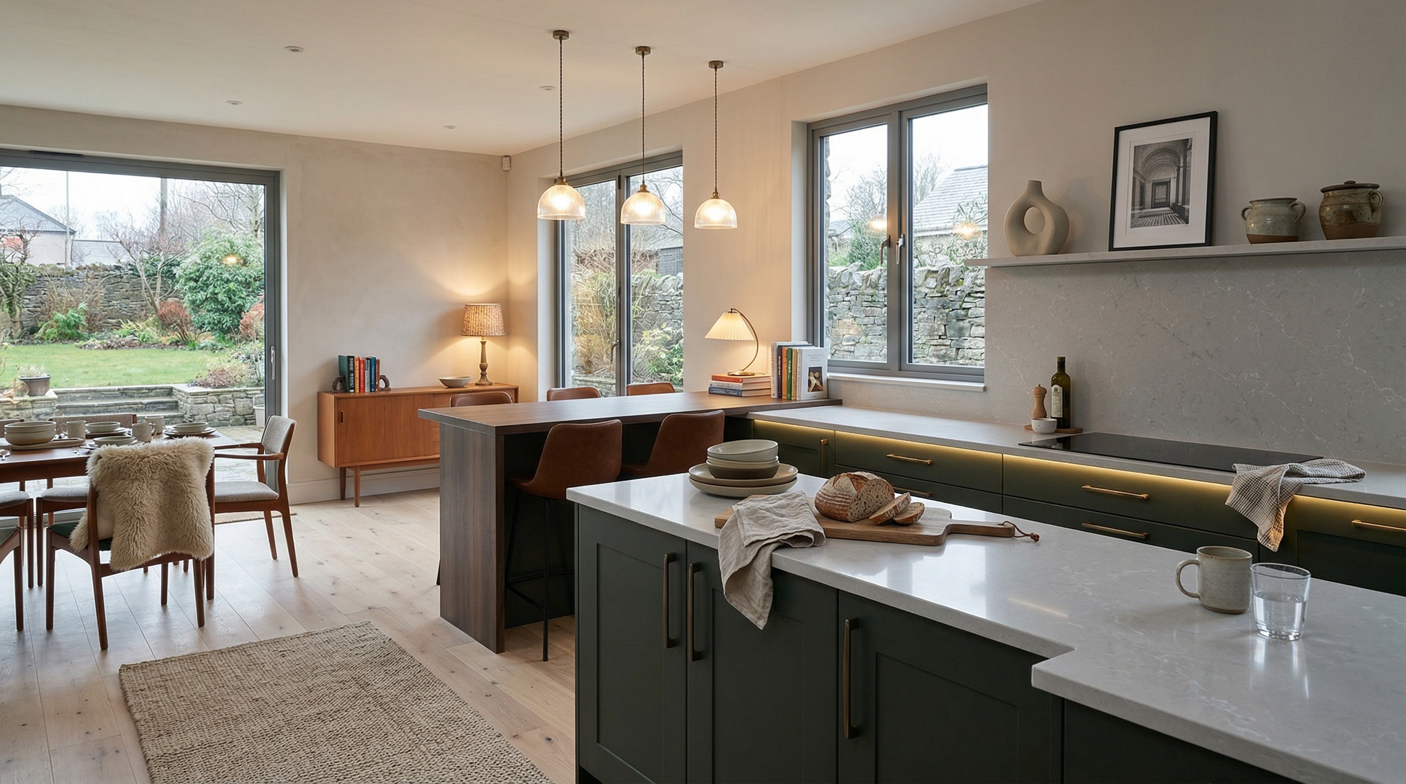 Mastercraft bespoke kitchen in Merthyr Tydfil, wide architectural view showing room volume and design quality