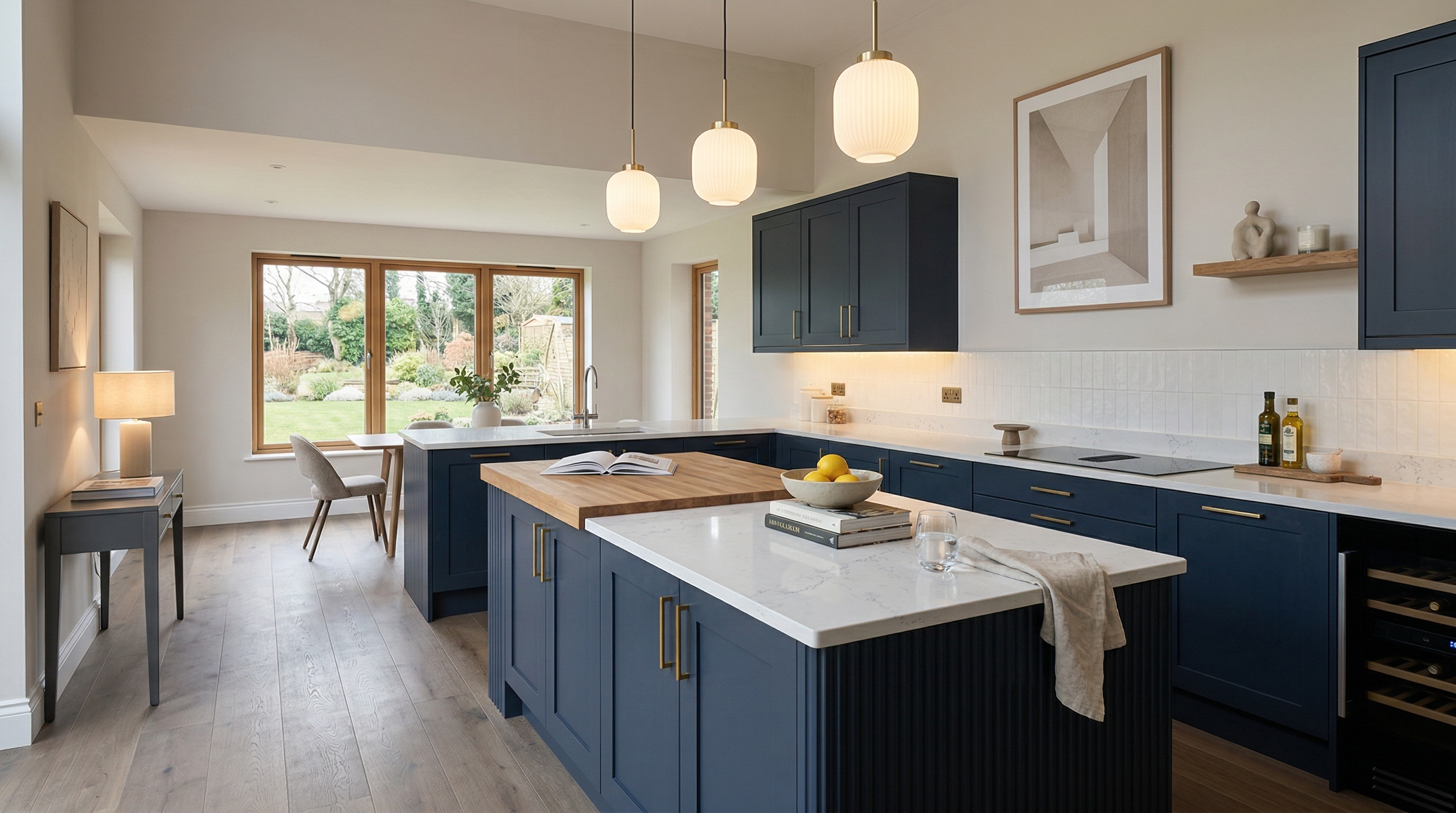 Wide view of a newly completed bespoke Mastercraft kitchen, matt painted handleless slab cabinetry in light teal tones