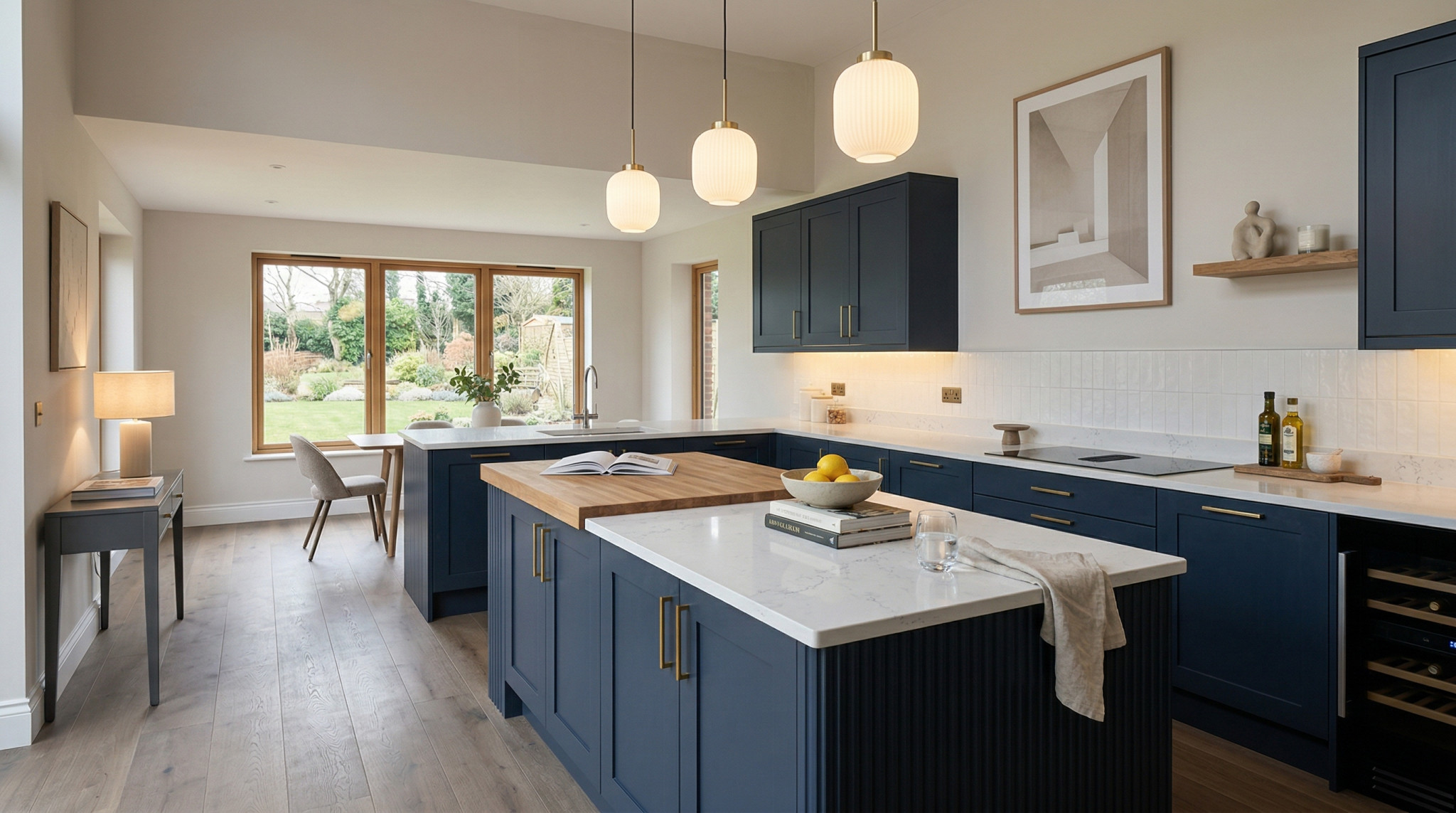 Wide view of a newly completed bespoke Mastercraft kitchen, matt painted handleless slab cabinetry in light teal tones