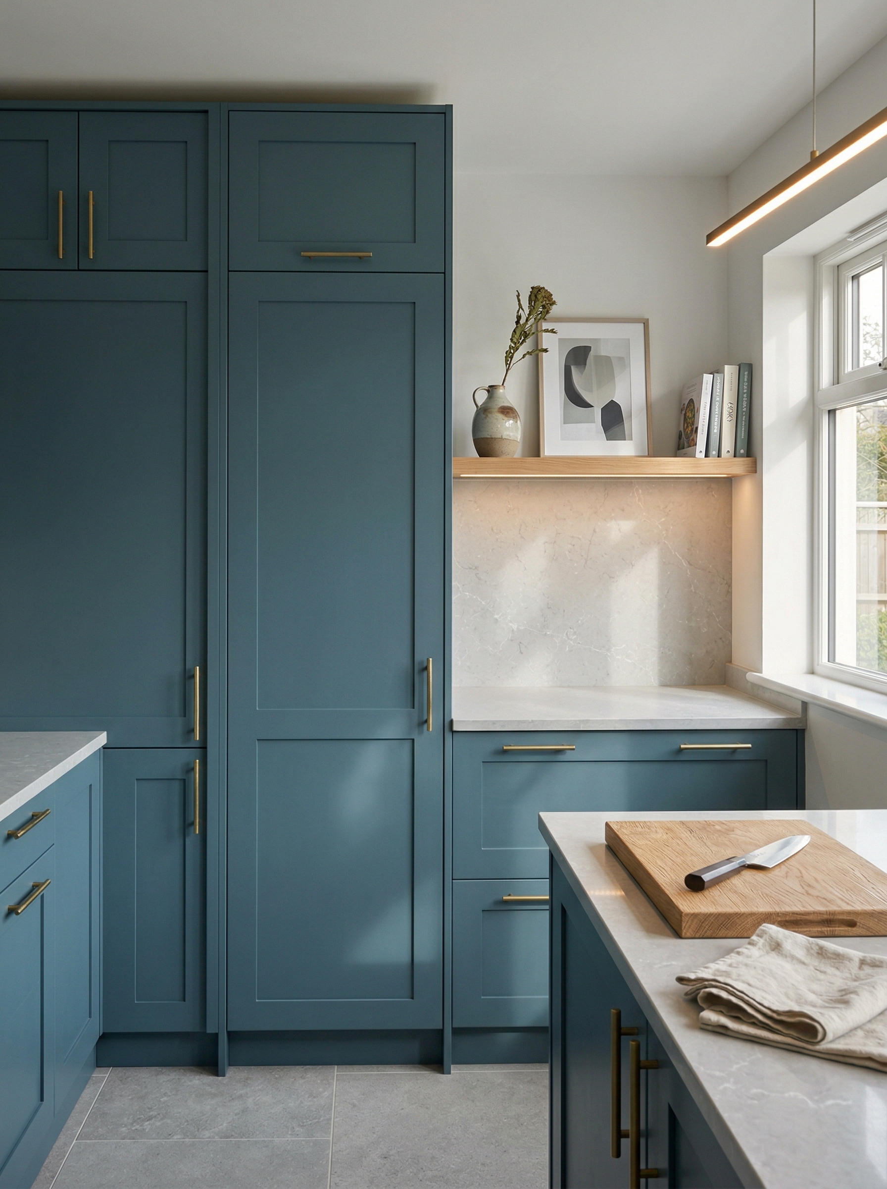 Tall view of full-height bespoke kitchen cabinetry, matt painted handleless slab cabinetry