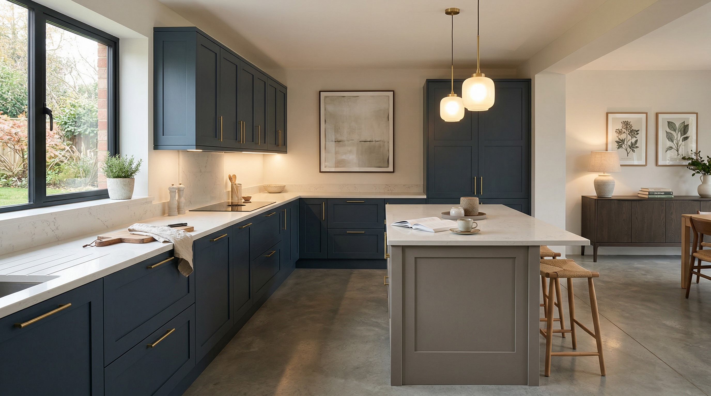 Mastercraft bespoke kitchen in Minehead, wide architectural view showing room volume and design quality