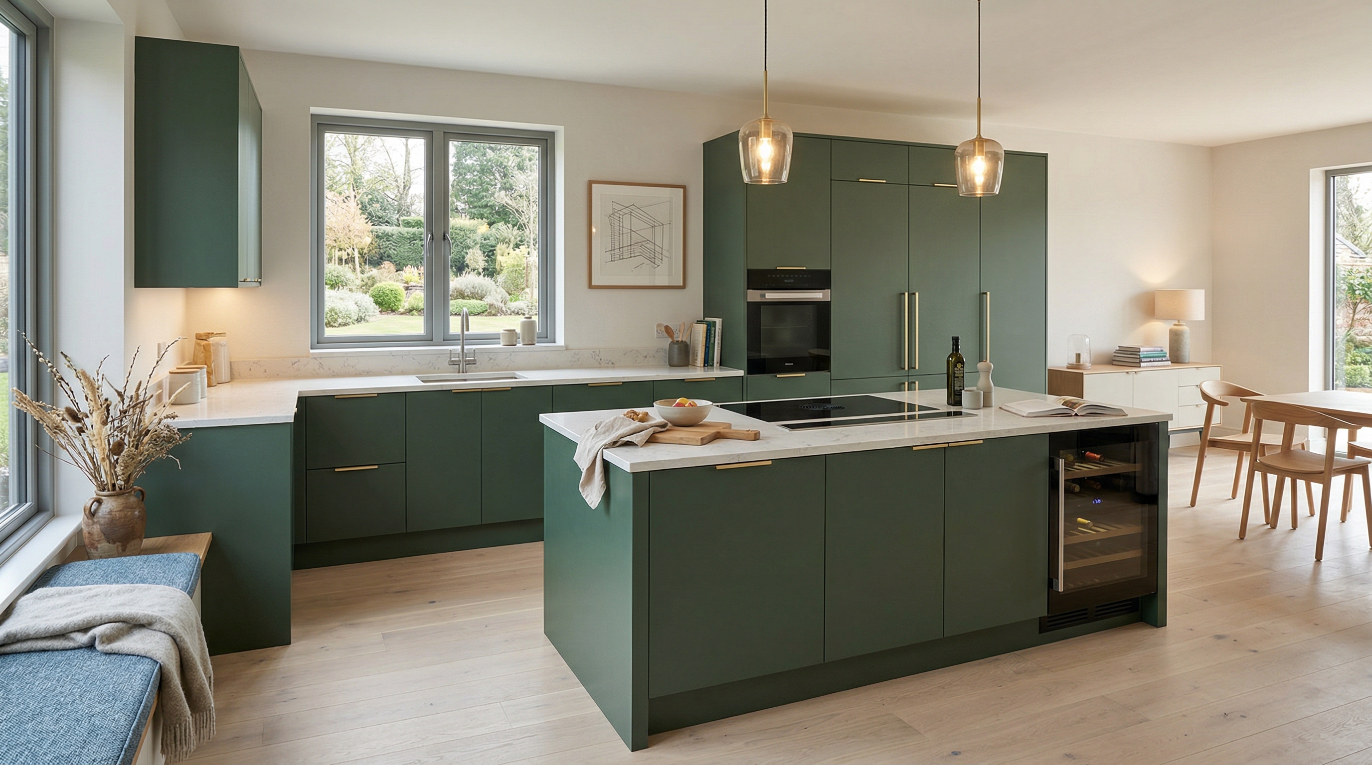 hero_1200x675 Wide view of a newly completed bespoke Mastercraft kitchen, matt painted handleless slab cabinetry in indigo tones