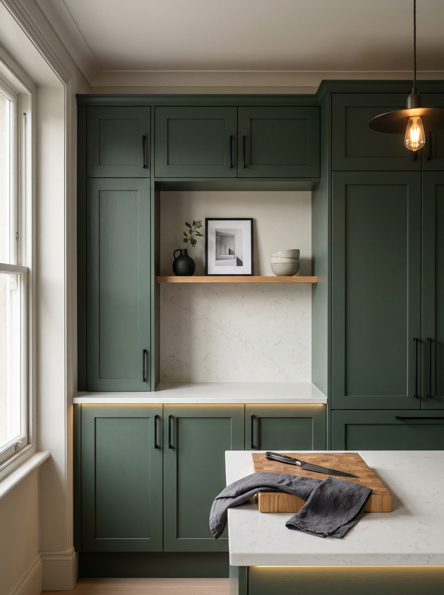 Tall view of full-height bespoke kitchen cabinetry, matt painted handleless slab cabinetry