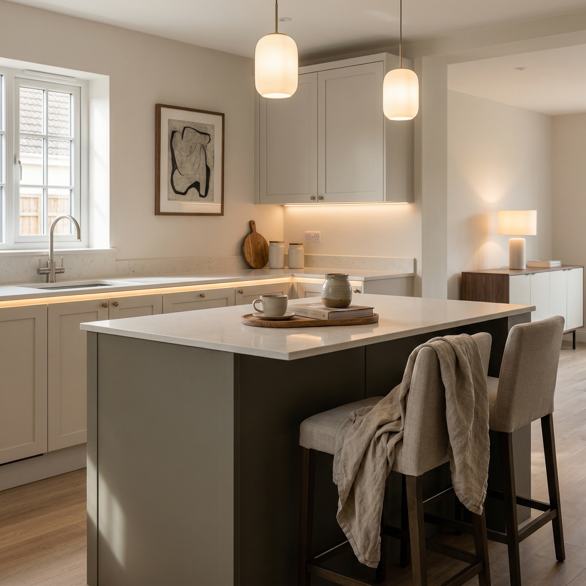 Bespoke kitchen island detail, matt painted handleless slab cabinetry with quality joinery