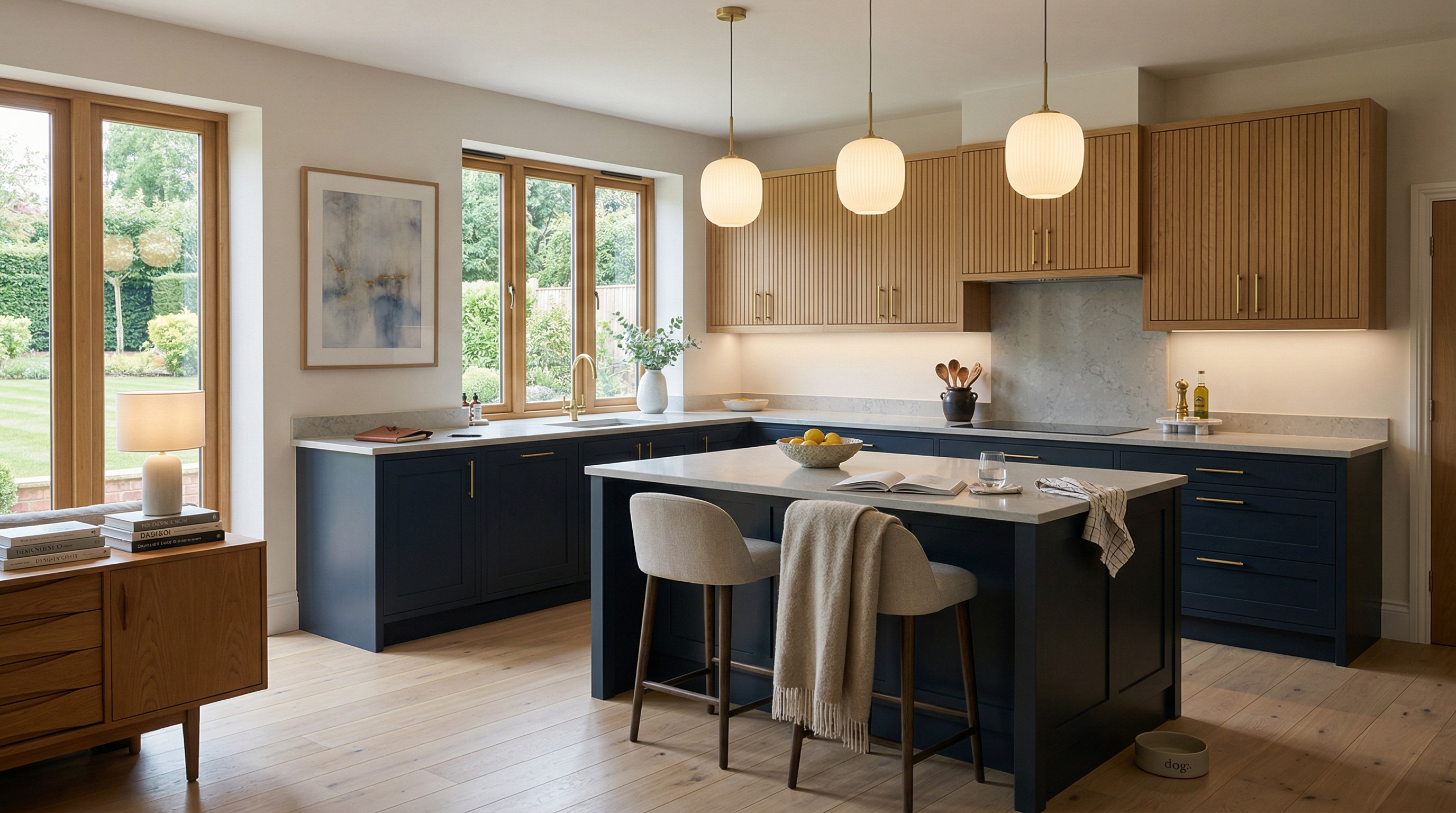 Wide view of a newly completed bespoke Mastercraft kitchen, timber veneer slab-door cabinetry in taupe grey tones