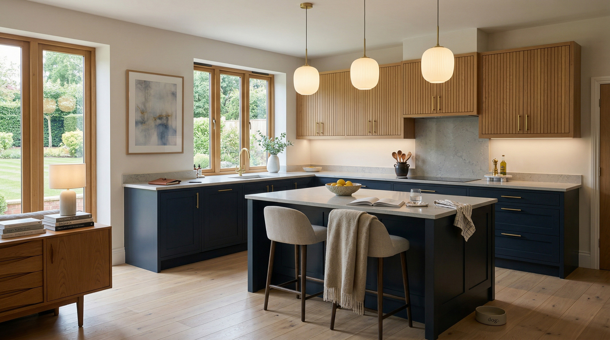 Wide view of a newly completed bespoke Mastercraft kitchen, timber veneer slab-door cabinetry in taupe grey tones