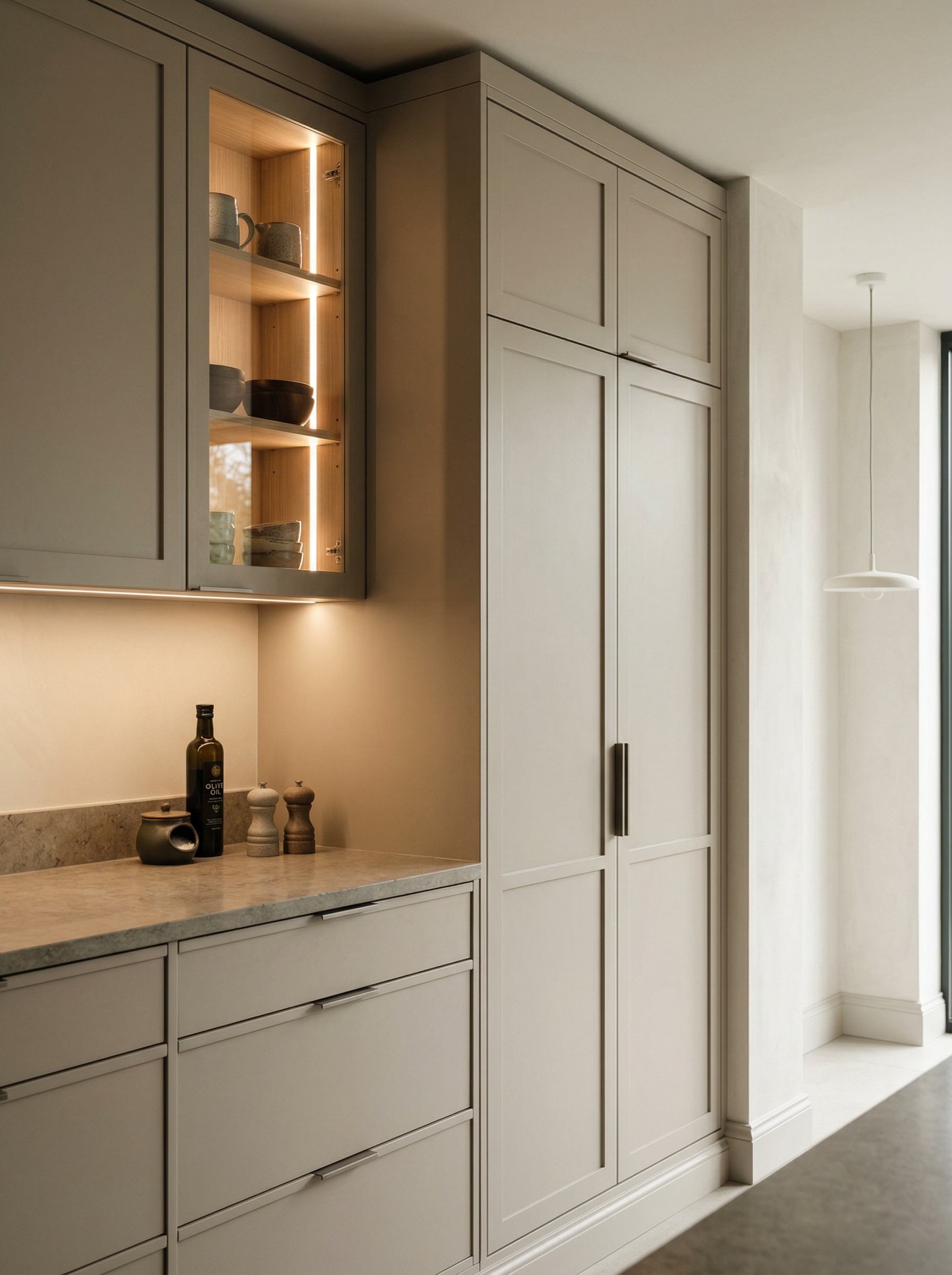 Bespoke kitchen installation, full-height cabinetry and considered storage design