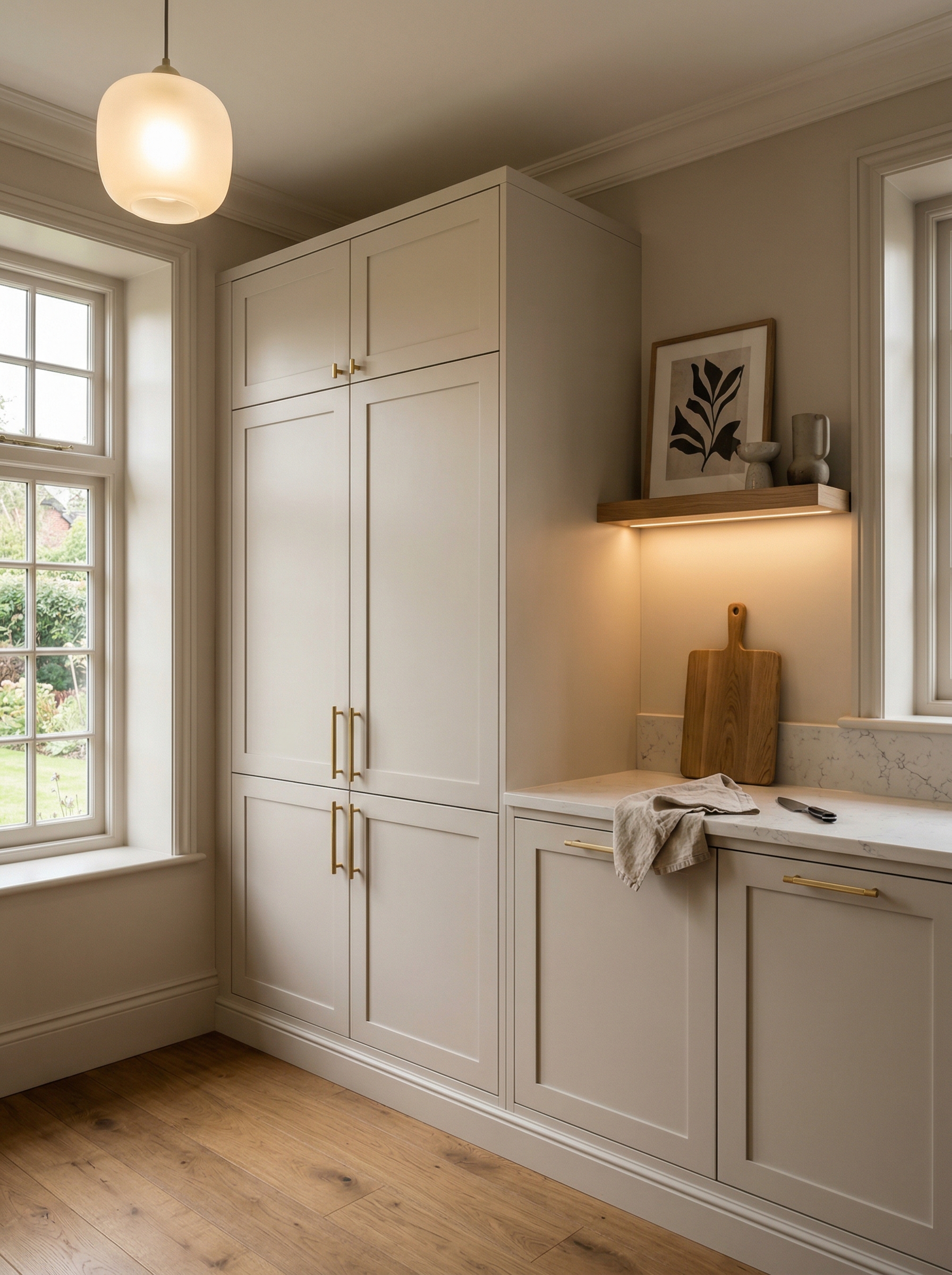 Tall view of full-height bespoke kitchen cabinetry, modern shaker cabinetry