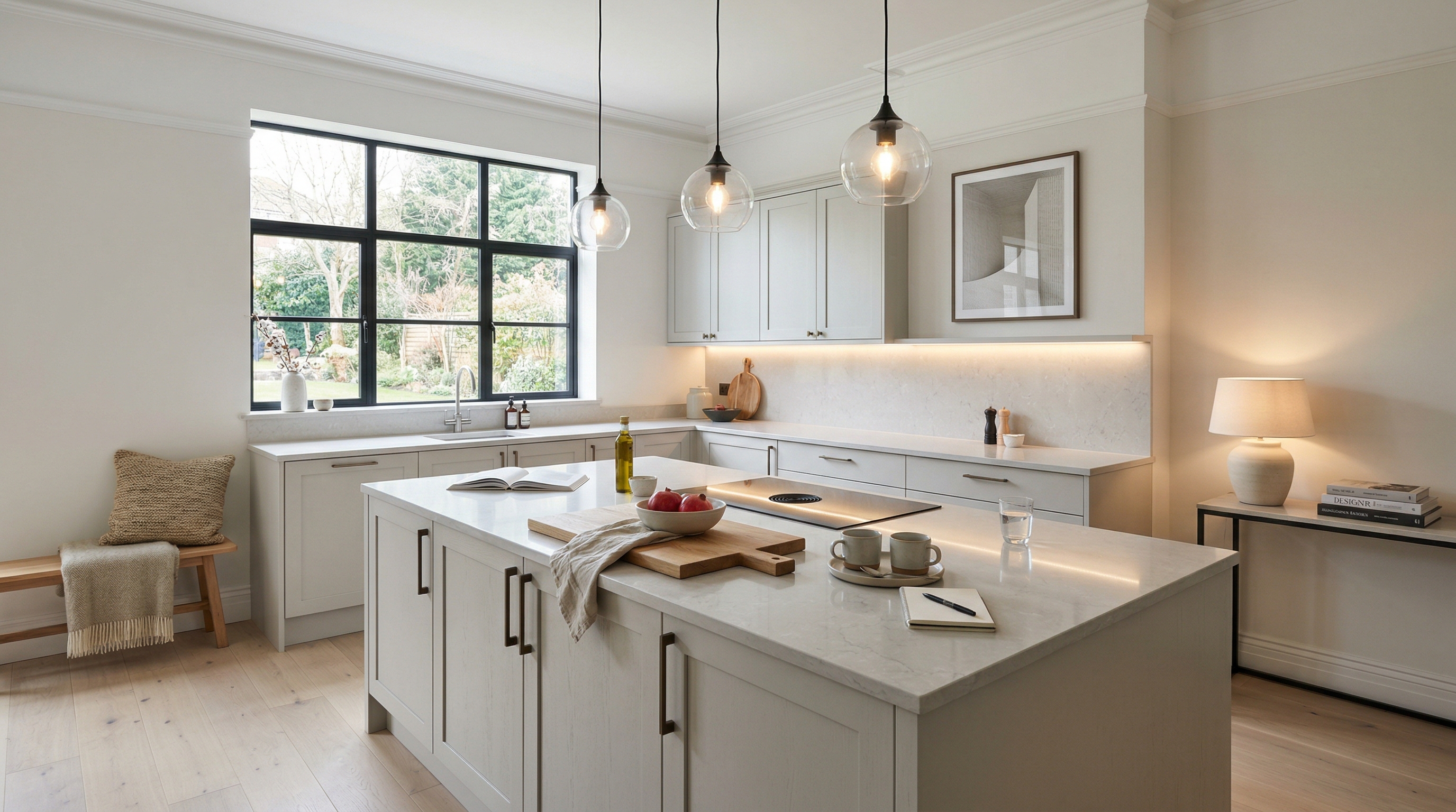 Wide view of a newly completed bespoke Mastercraft kitchen, contemporary painted lay-on cabinetry in deep forest tones