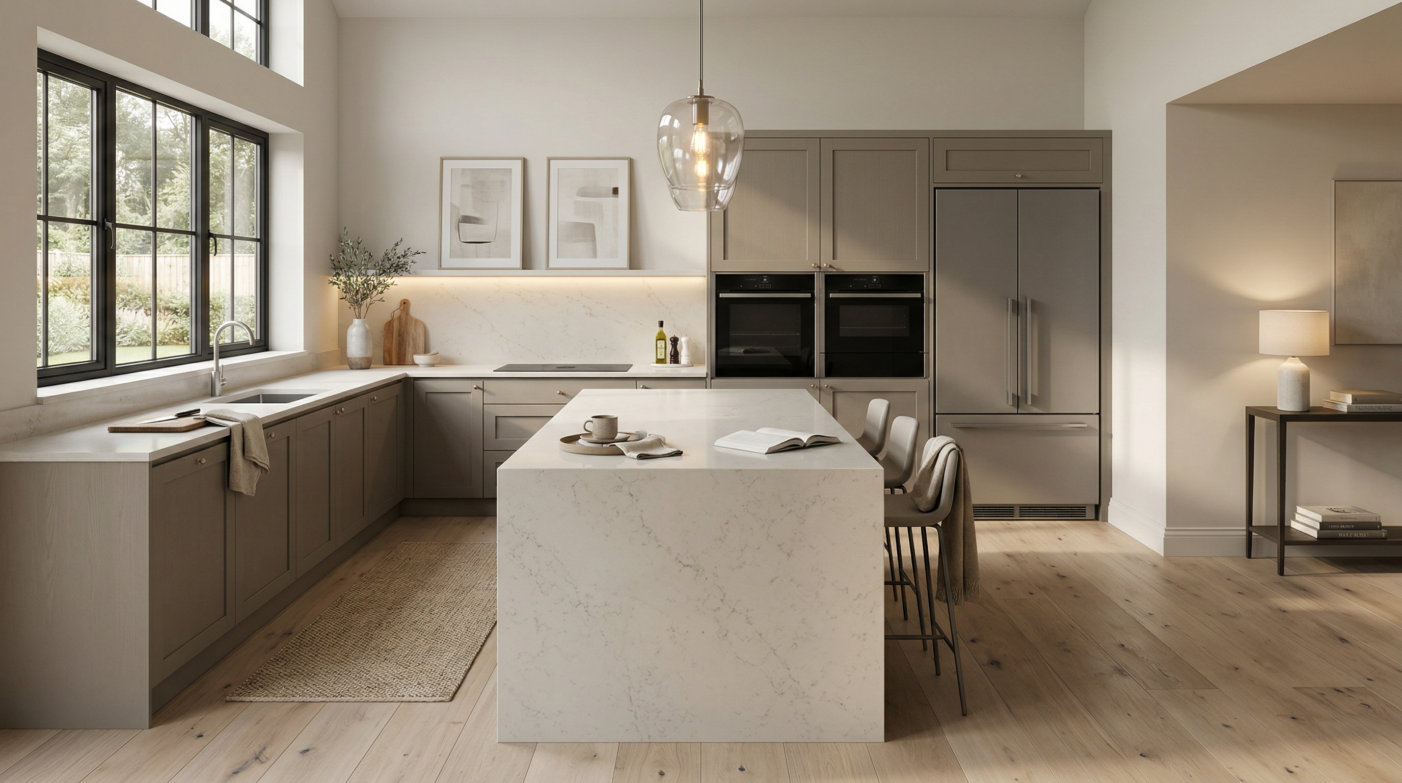 Wide view of a newly completed bespoke Mastercraft kitchen, contemporary painted lay-on cabinetry in shell tones
