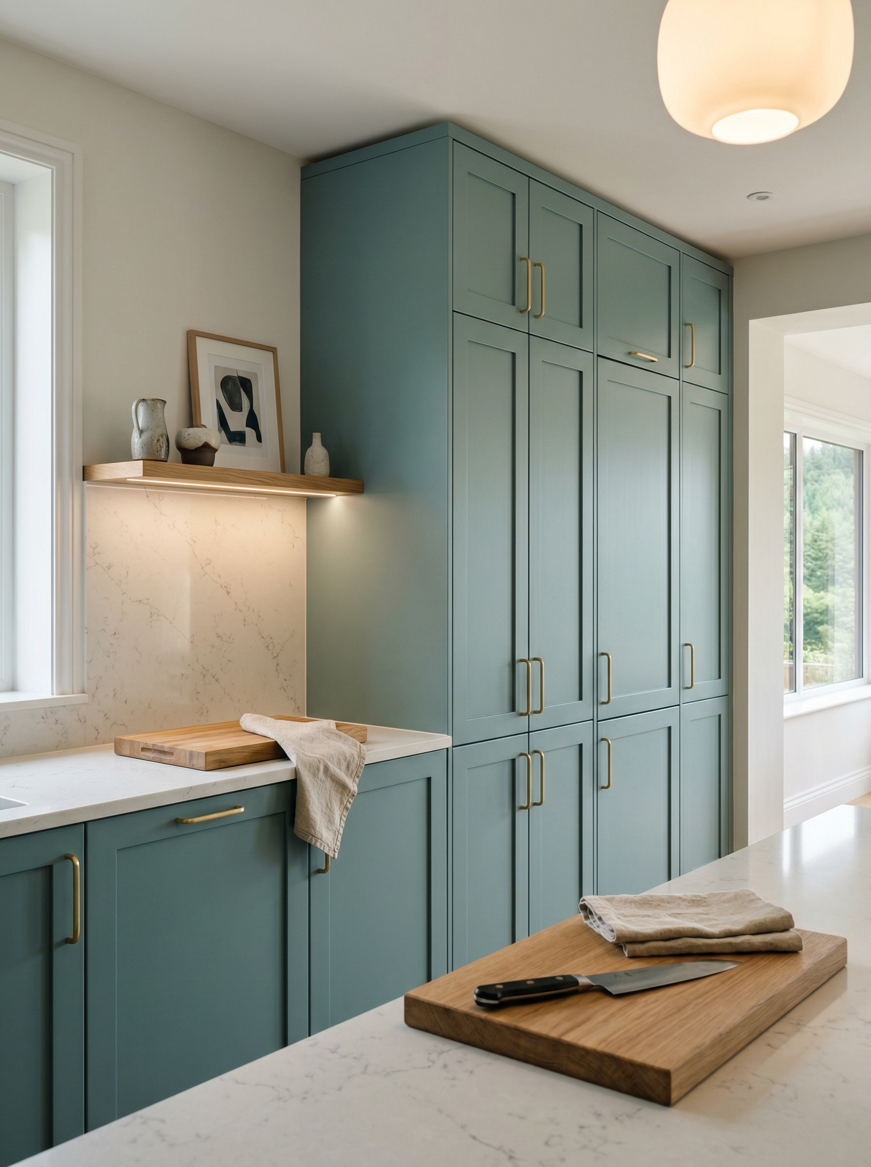Tall view of full-height bespoke kitchen cabinetry, contemporary painted lay-on cabinetry