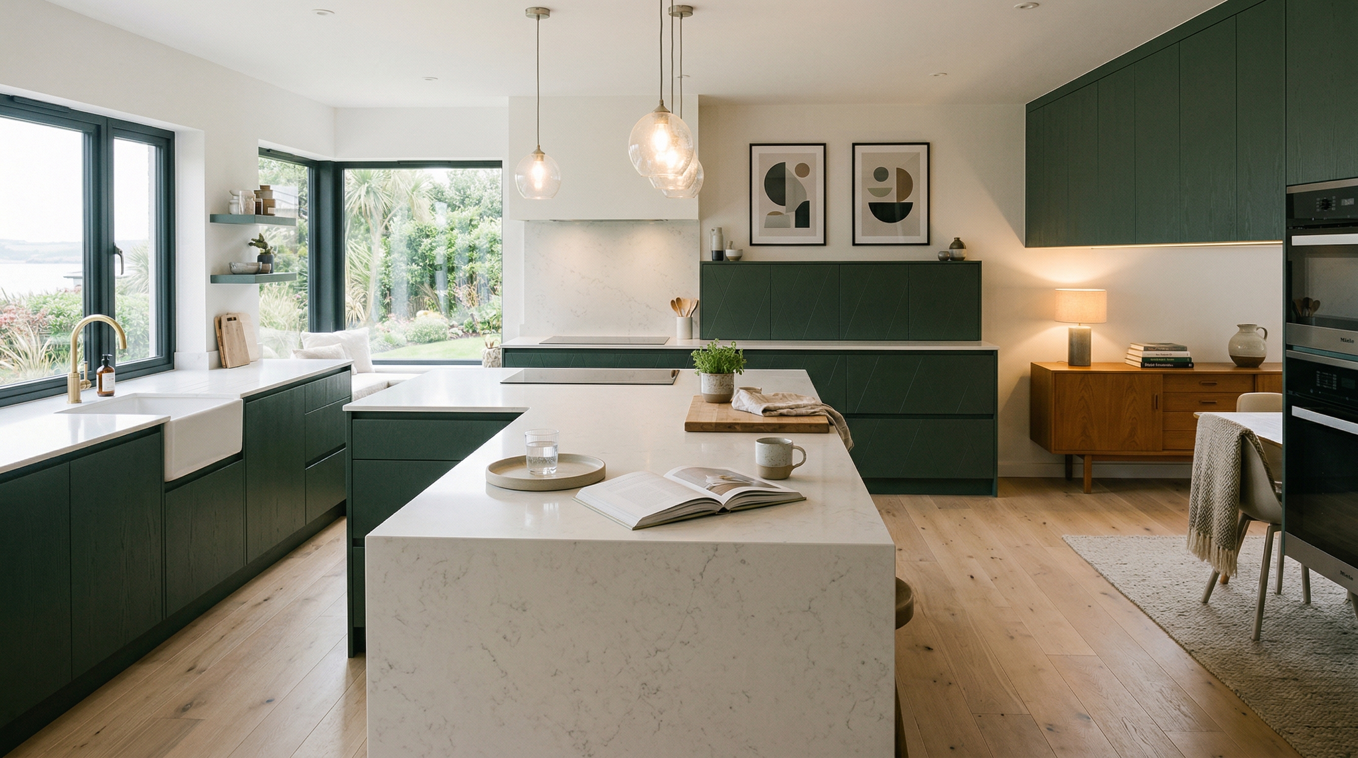 Mastercraft bespoke kitchen in Mumbles, wide architectural view showing room volume and design quality