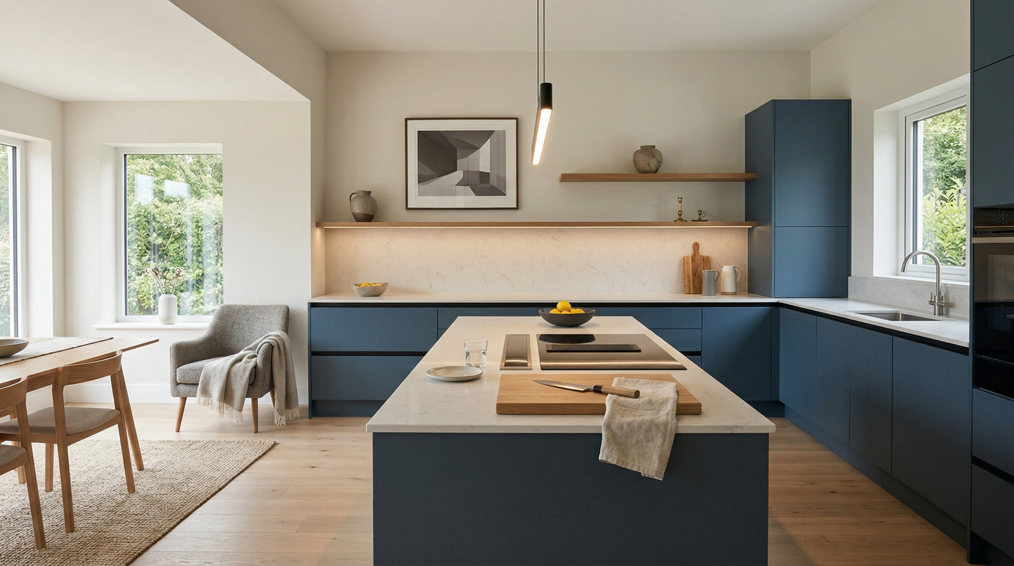 Wide view of a newly completed bespoke Mastercraft kitchen, modern shaker cabinetry in dust grey tones