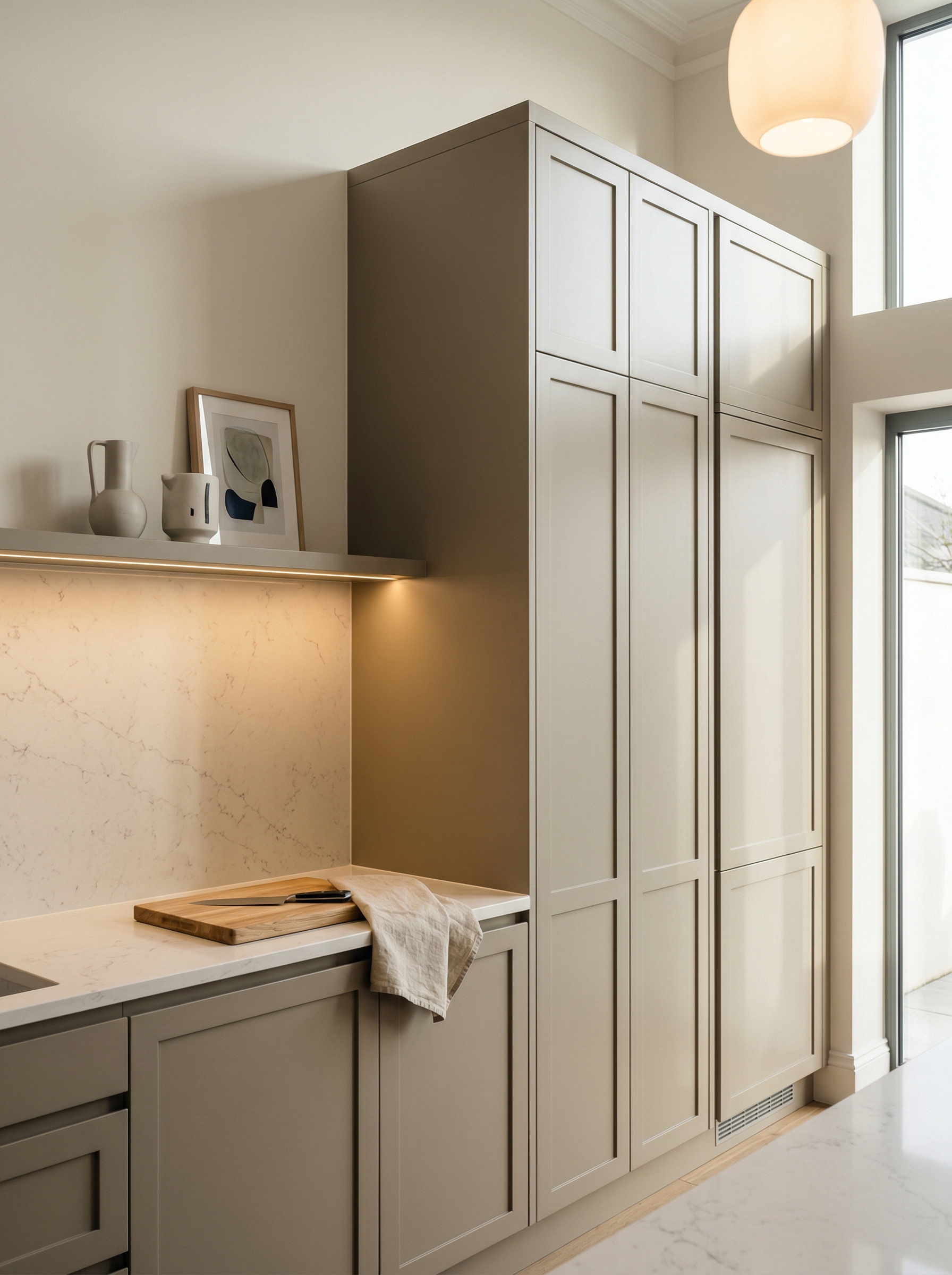 Tall view of full-height bespoke kitchen cabinetry, modern shaker cabinetry