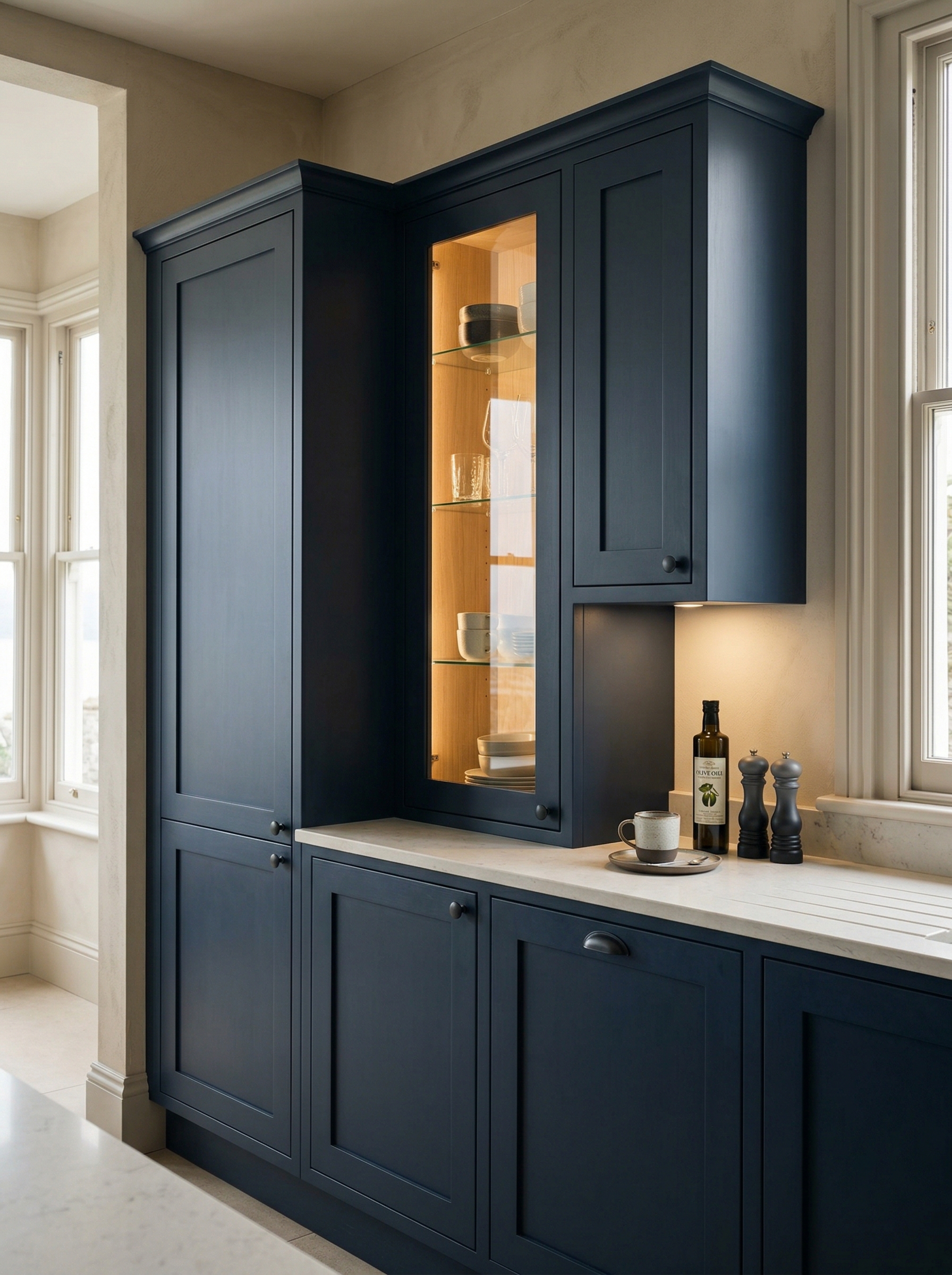 Bespoke kitchen installation, full-height cabinetry and considered storage design