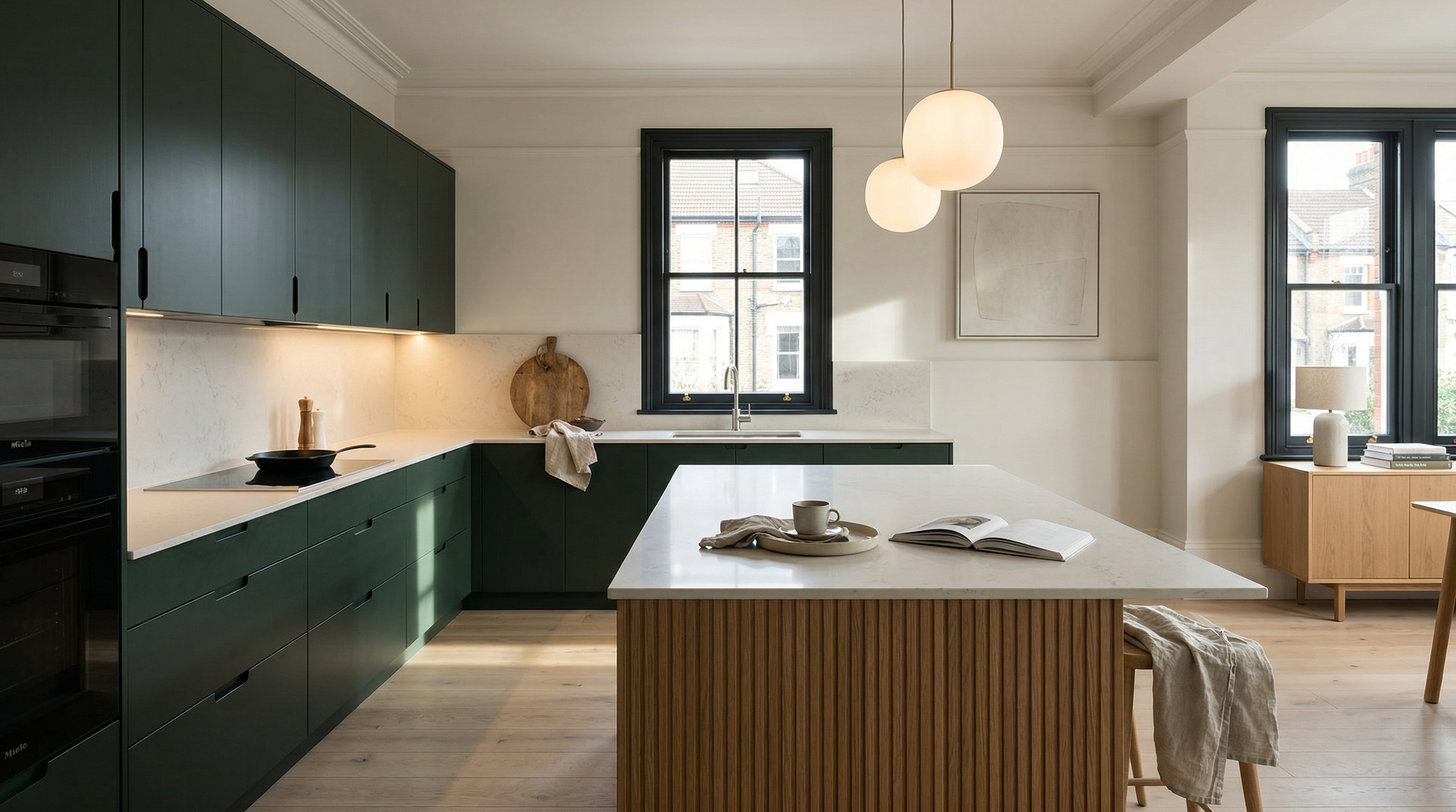 hero_1200x675 Wide view of a newly completed bespoke Mastercraft kitchen, contemporary in-frame cabinetry in porcelain tones