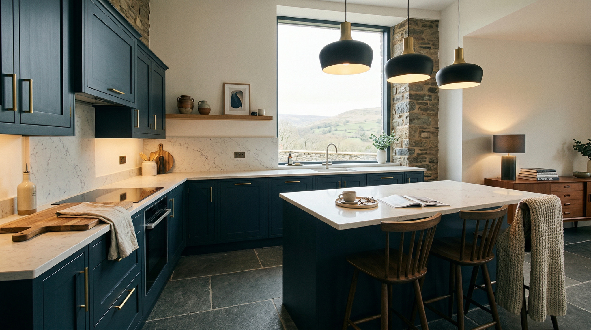 Wide view of a newly completed bespoke Mastercraft kitchen, matt painted handleless slab cabinetry in parisian blue tones