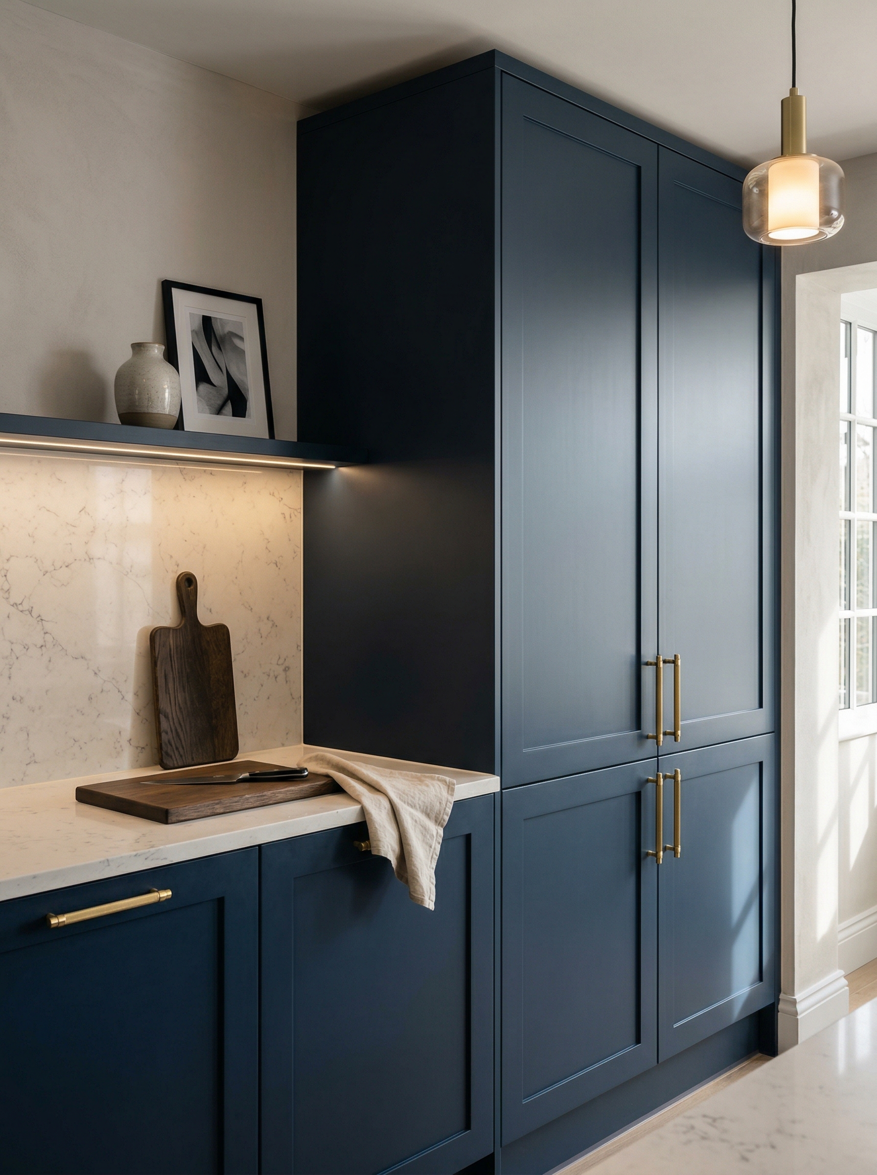 Tall view of full-height bespoke kitchen cabinetry, matt painted handleless slab cabinetry