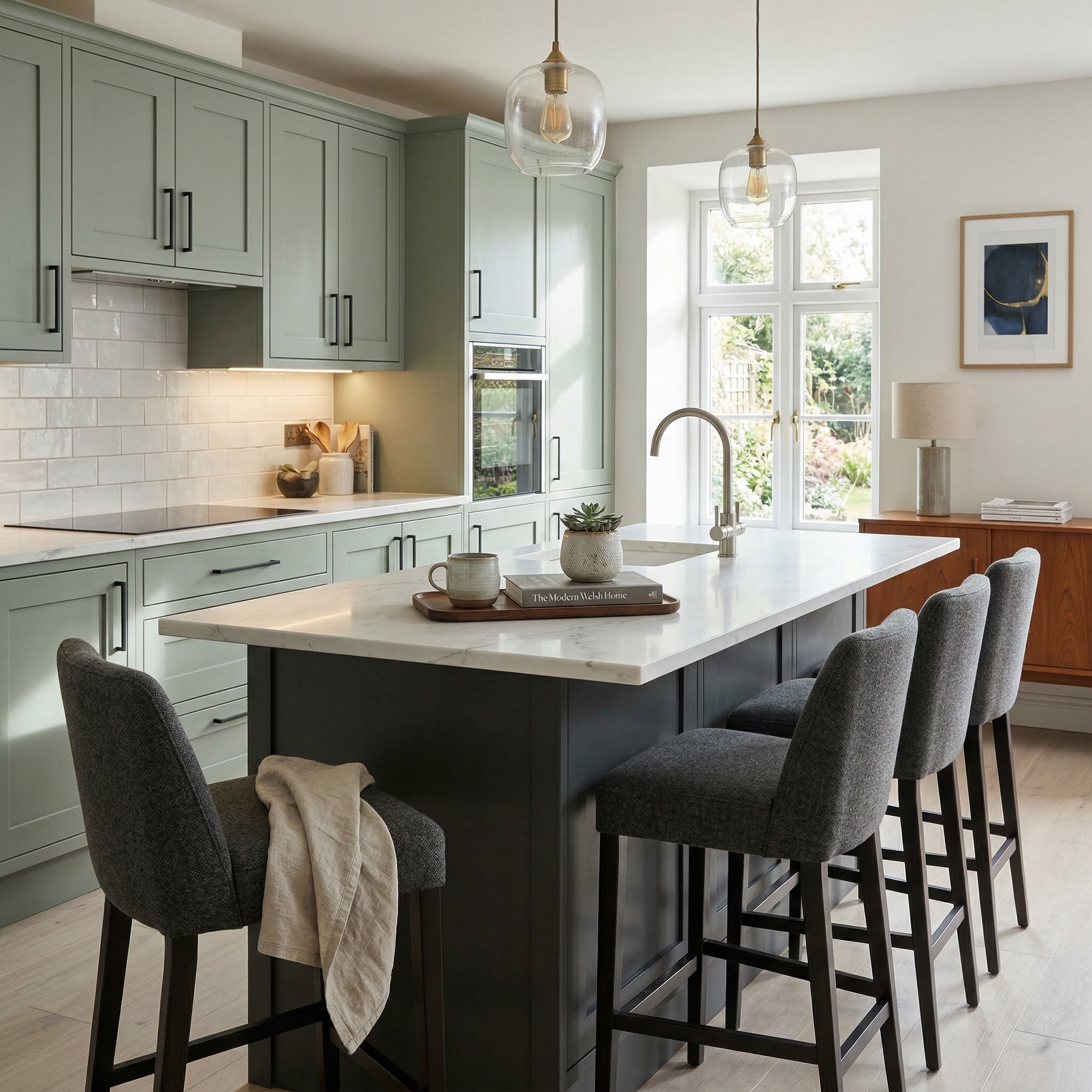 Bespoke kitchen island detail, matt painted handleless slab cabinetry with quality joinery