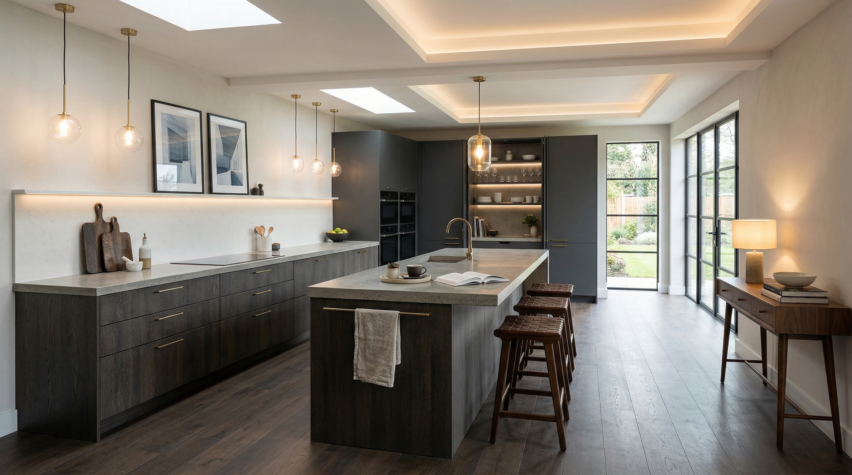 Mastercraft bespoke kitchen in Narberth, wide architectural view showing room volume and design quality