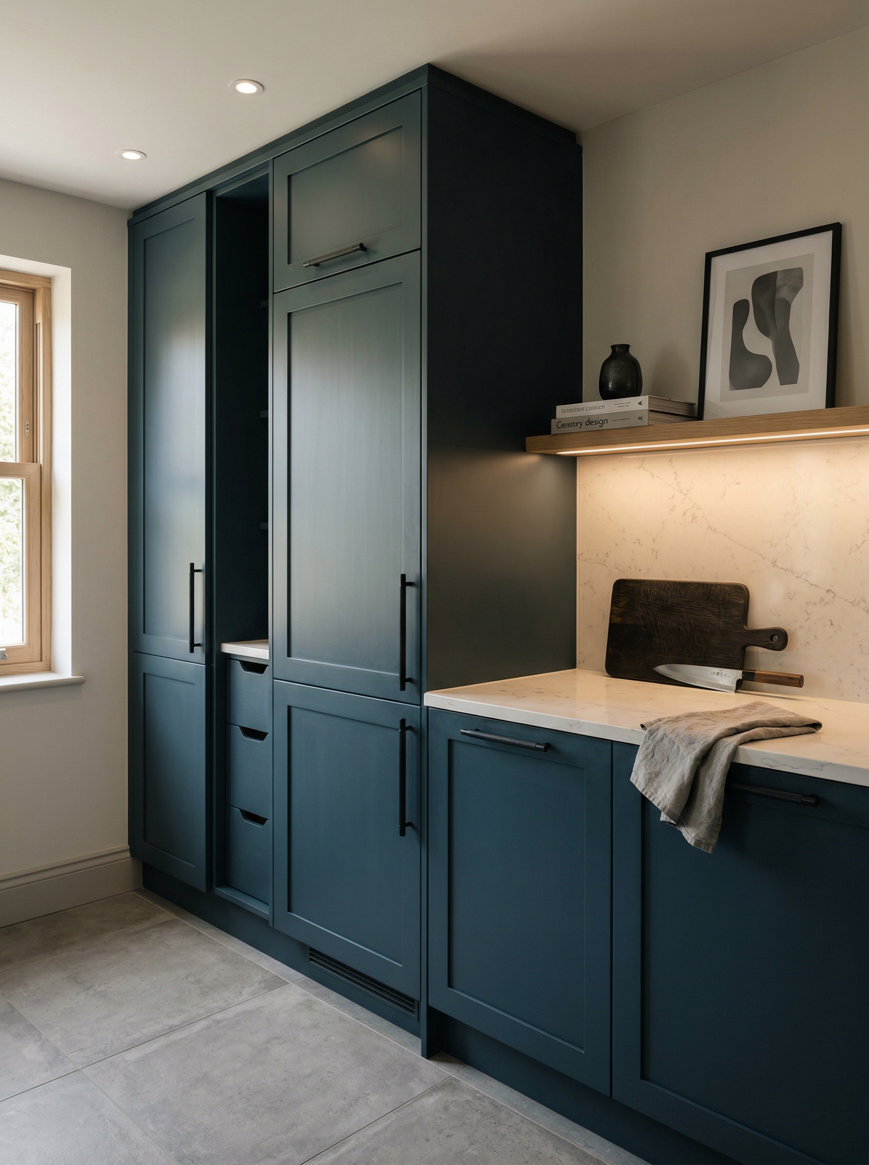 Tall view of full-height bespoke kitchen cabinetry, contemporary painted lay-on cabinetry
