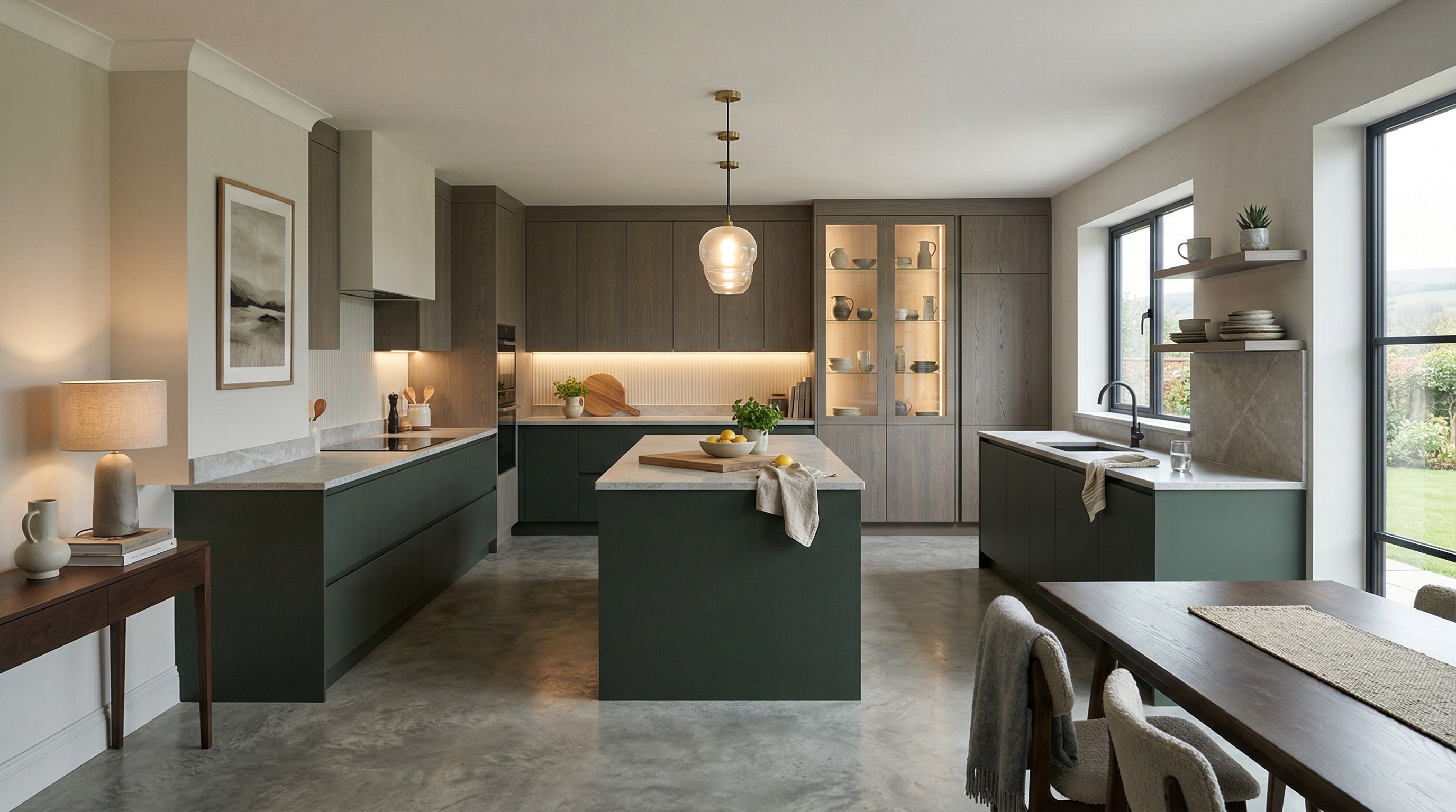 Mastercraft bespoke kitchen in Neath, wide architectural view showing room volume and design quality