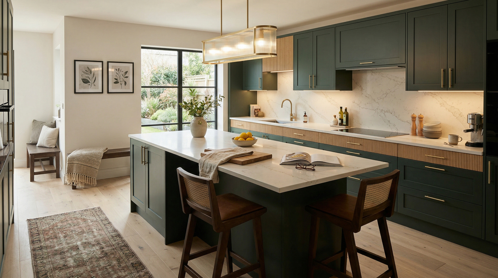 Wide view of a newly completed bespoke Mastercraft kitchen, contemporary in-frame cabinetry in monument grey tones