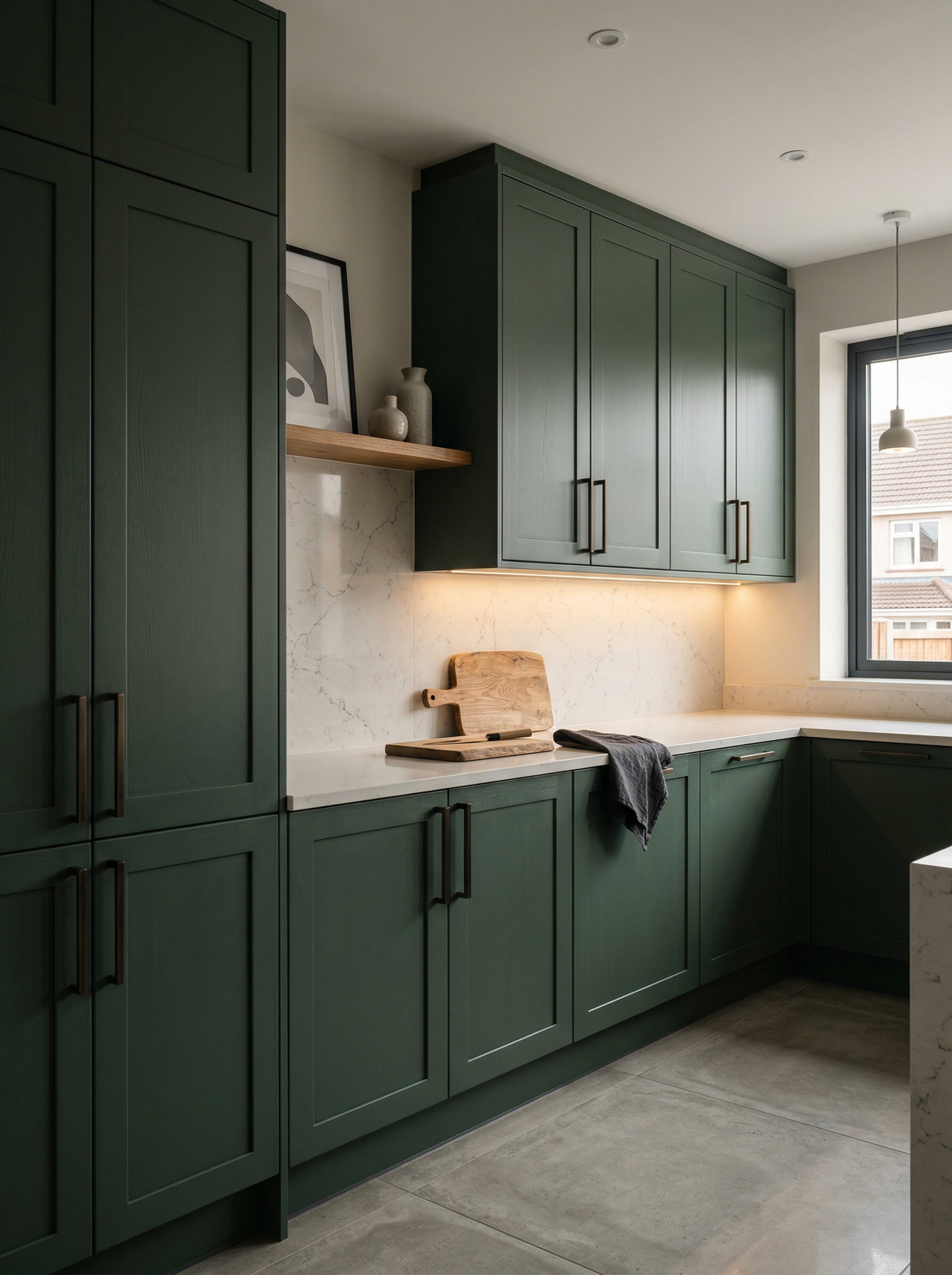 Tall view of full-height bespoke kitchen cabinetry, contemporary in-frame cabinetry