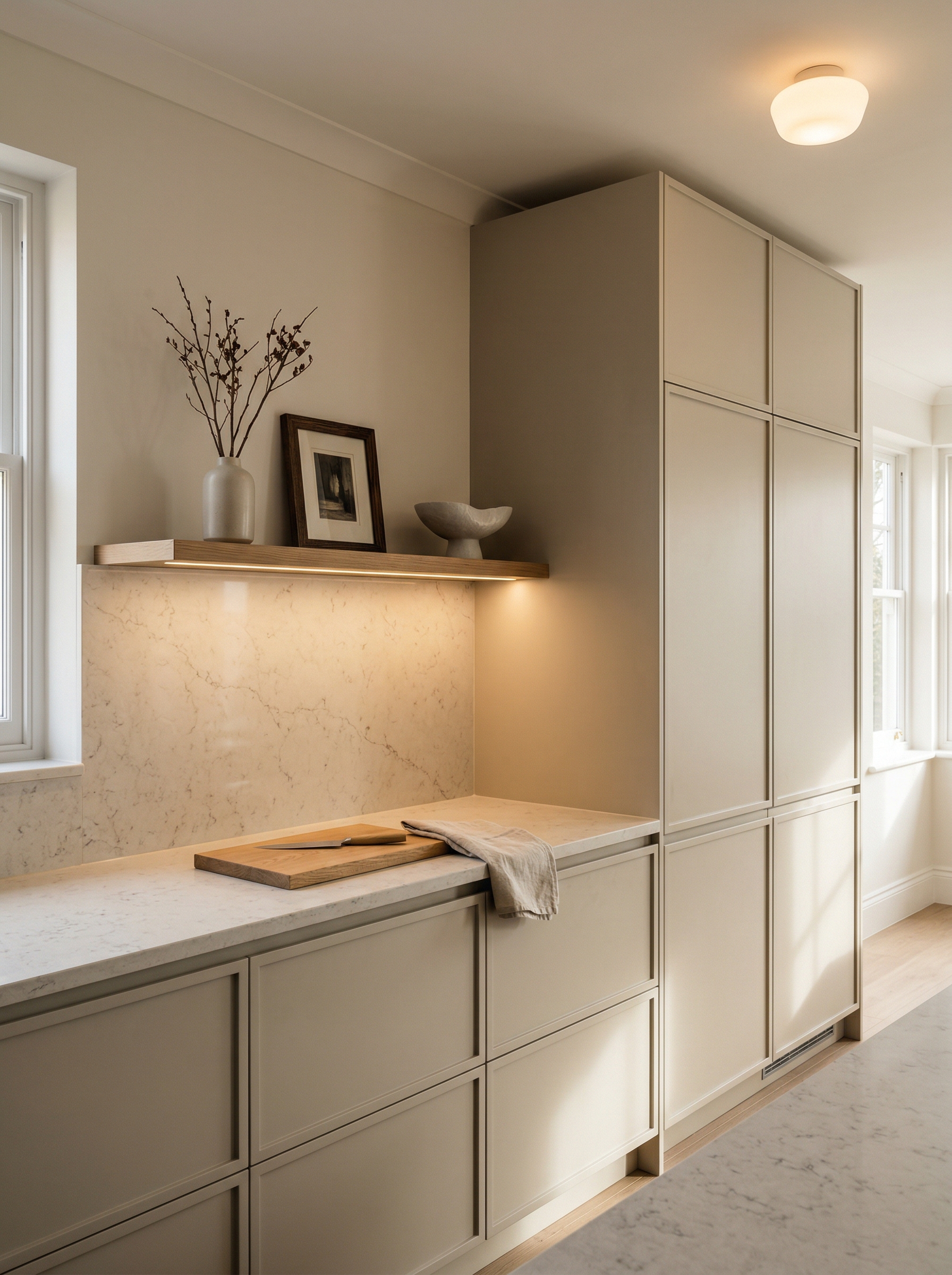 Tall view of full-height bespoke kitchen cabinetry, contemporary in-frame cabinetry