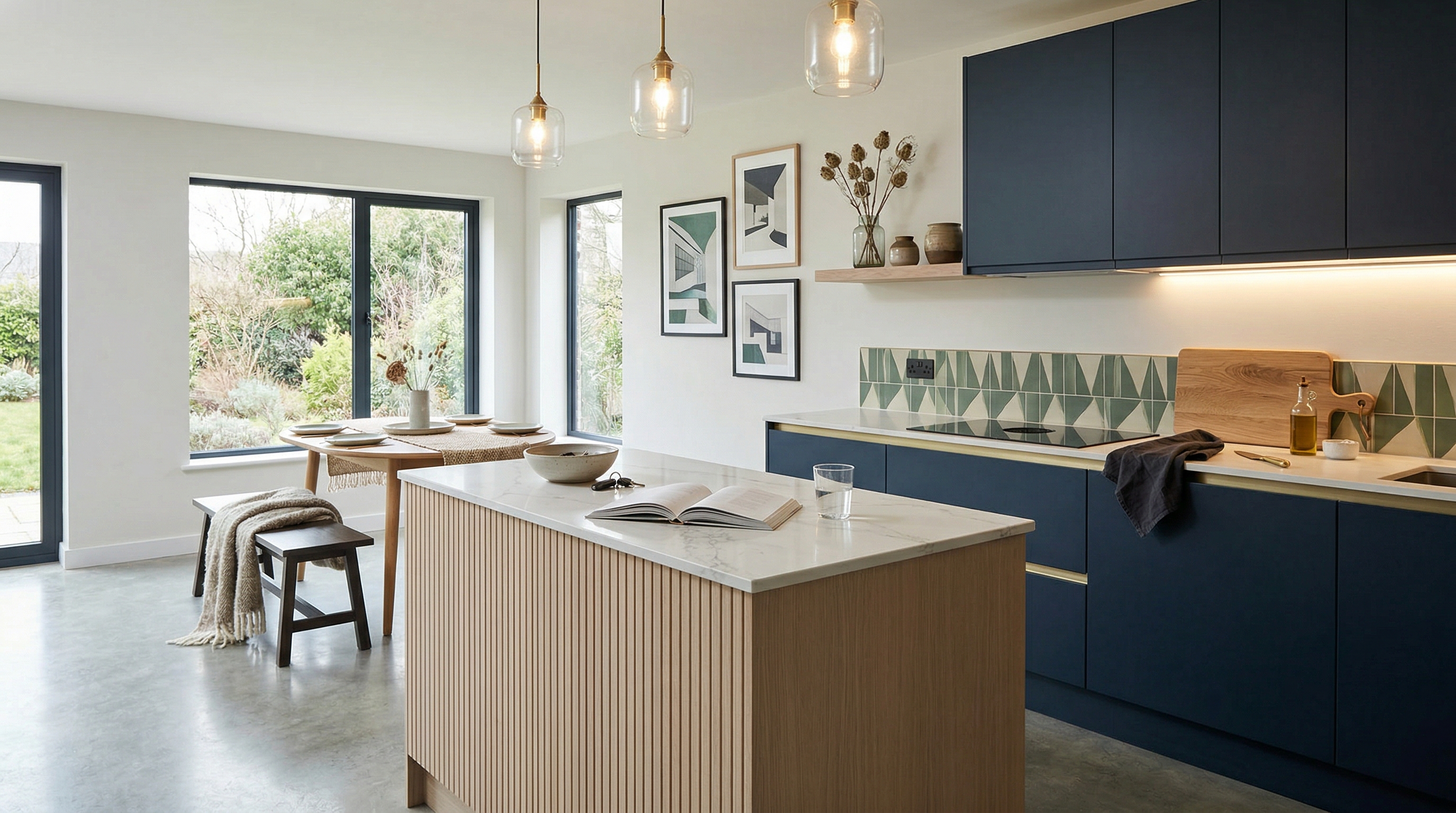 Mastercraft bespoke kitchen in New Quay, wide architectural view showing room volume and design quality