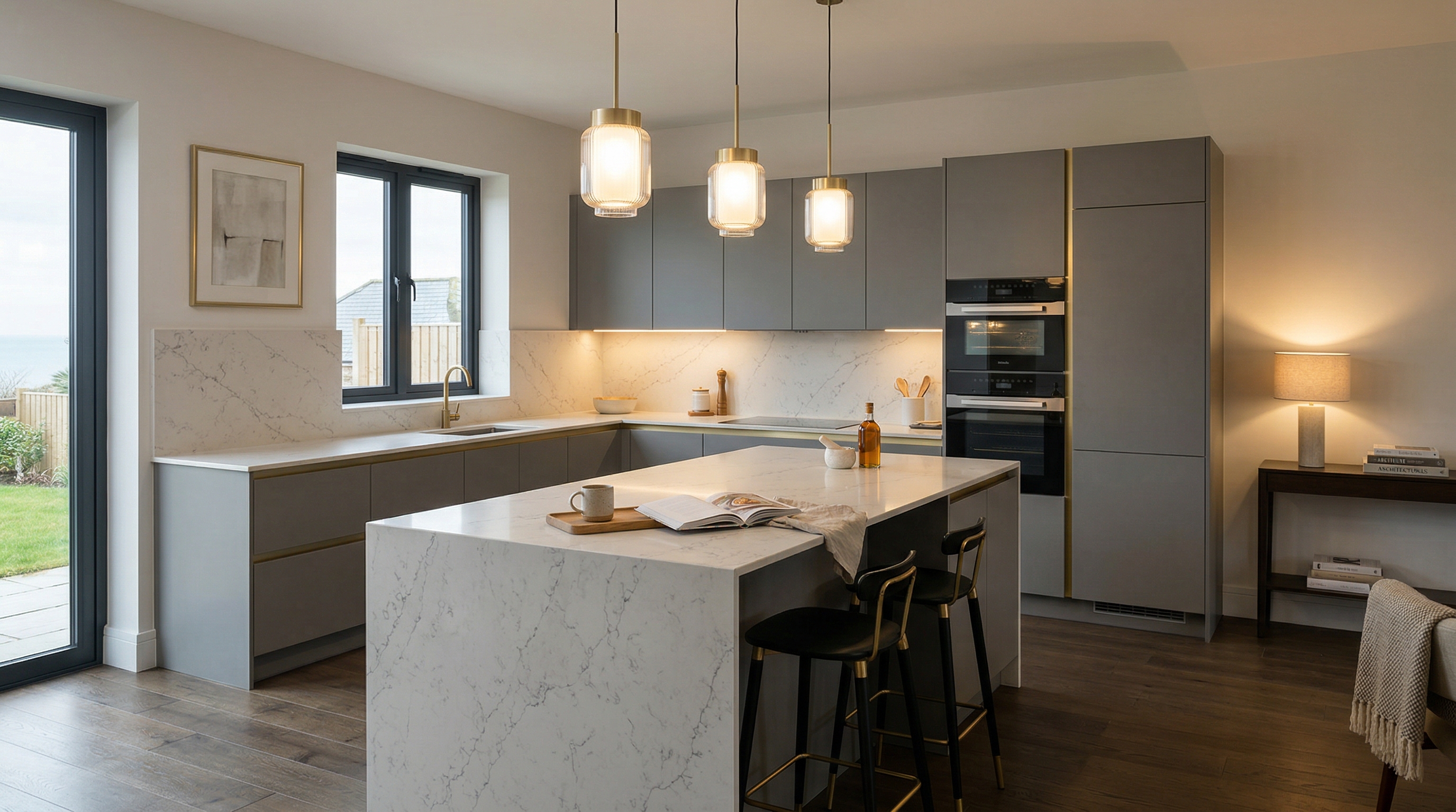 hero_1200x675 Wide view of a newly completed bespoke Mastercraft kitchen, contemporary painted lay-on cabinetry in dust grey tones