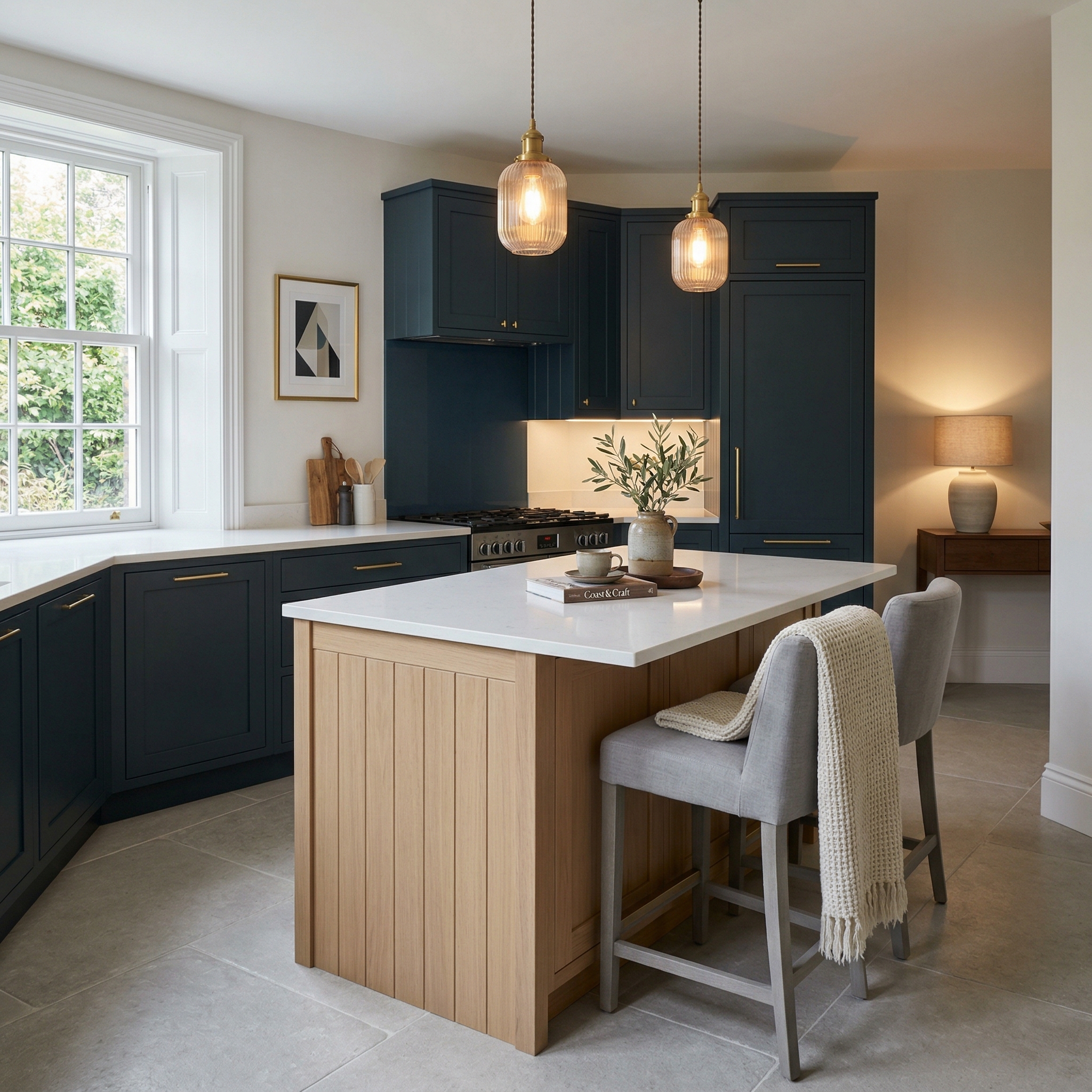 Bespoke kitchen island detail, contemporary painted lay-on cabinetry with quality joinery