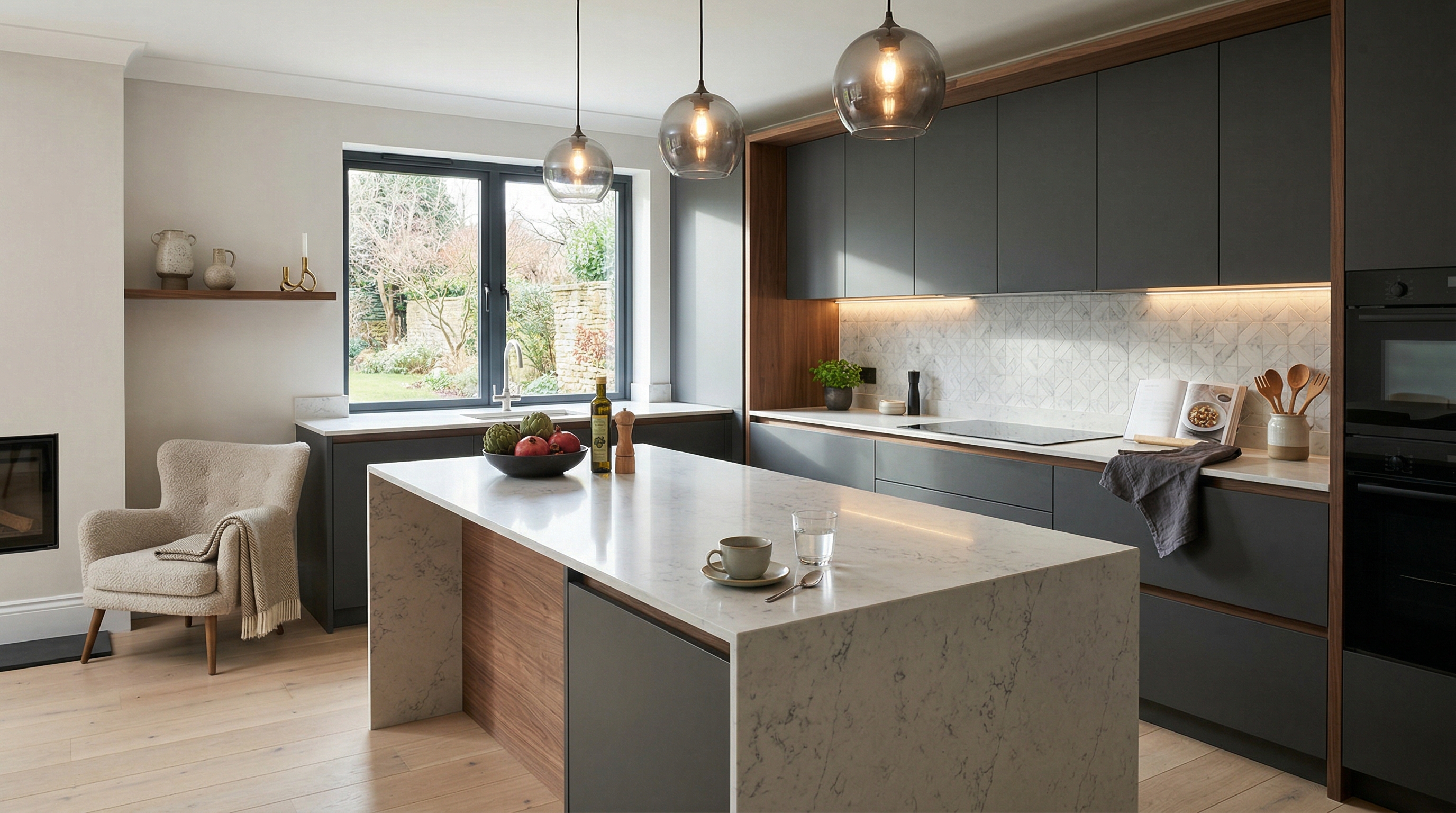 Mastercraft bespoke kitchen in Newbridge, wide architectural view showing room volume and design quality