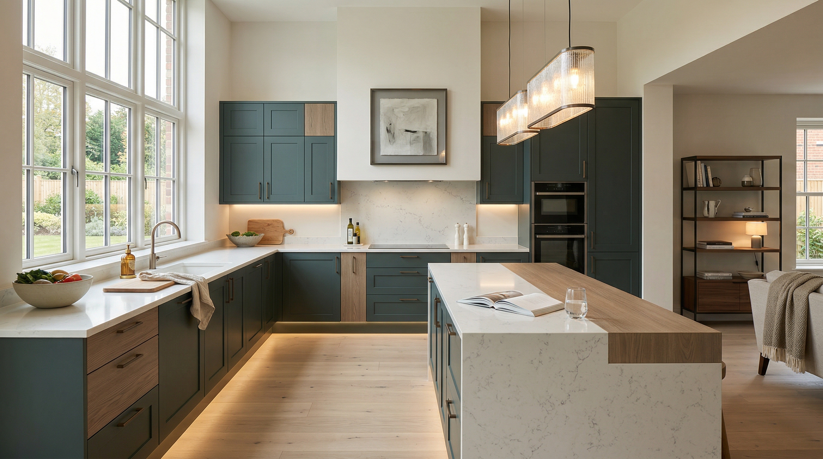 Wide view of a newly completed bespoke Mastercraft kitchen, modern shaker cabinetry in slate blue tones