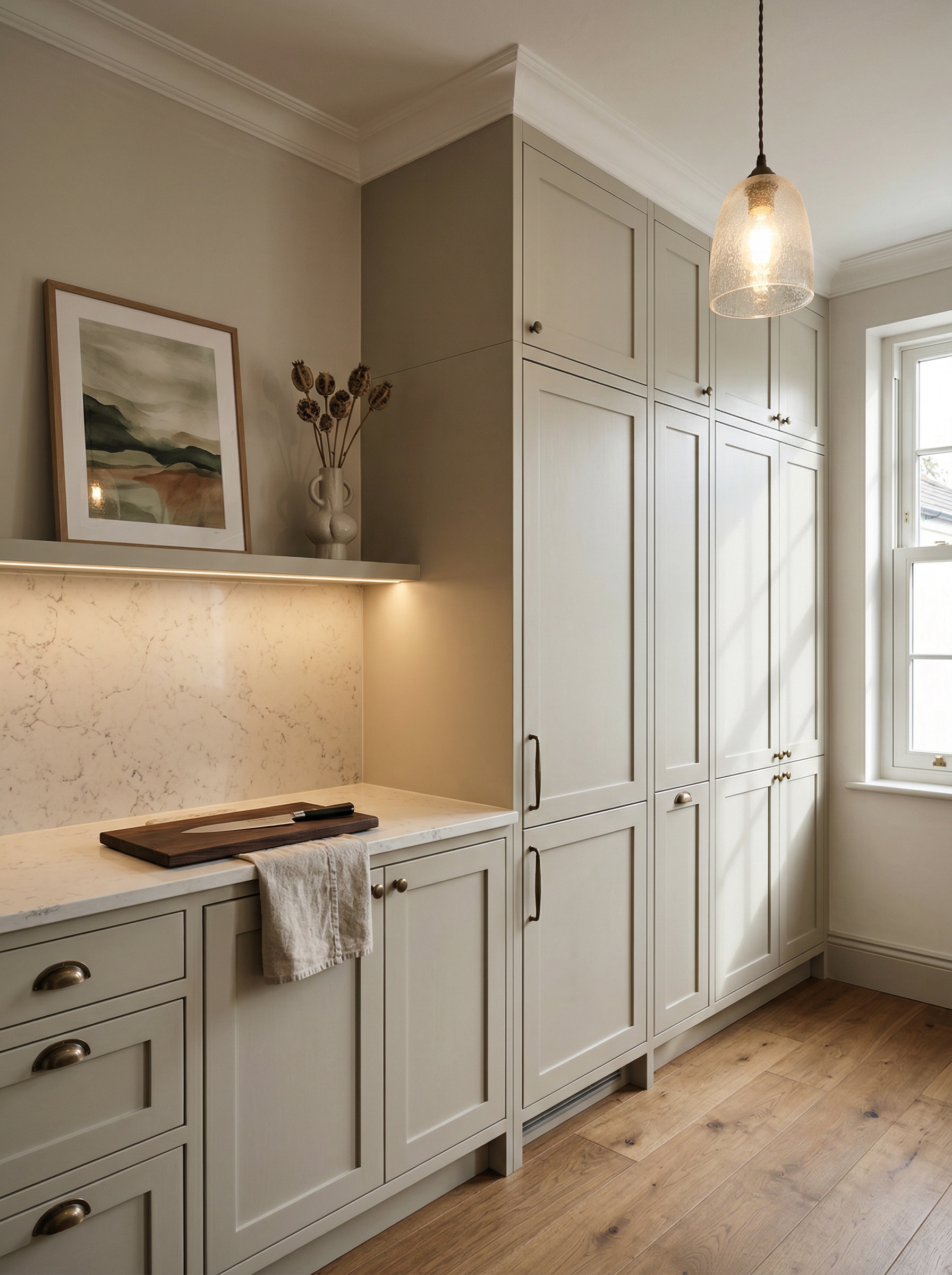 Tall view of full-height bespoke kitchen cabinetry, modern shaker cabinetry