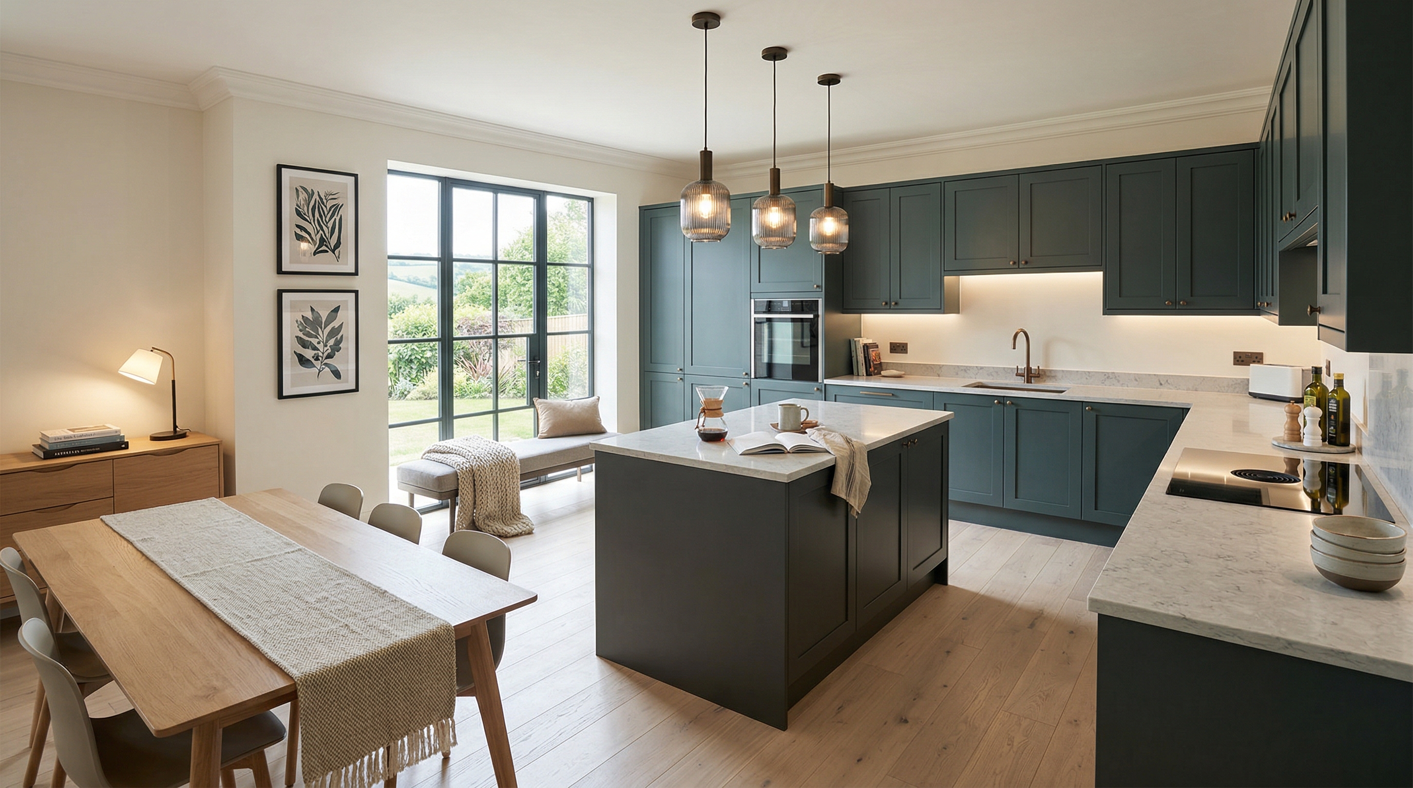 Mastercraft bespoke kitchen in Newcastle Emlyn, wide architectural view showing room volume and design quality