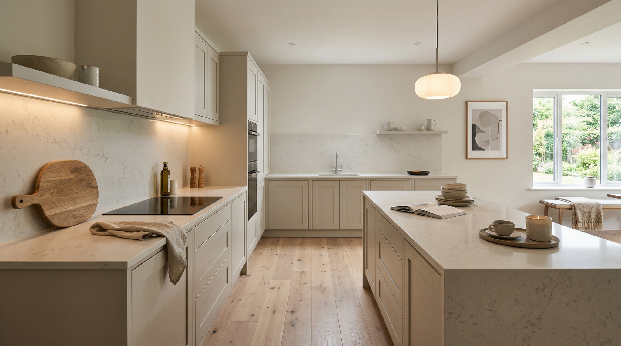 Wide view of a newly completed bespoke Mastercraft kitchen, contemporary painted lay-on cabinetry in reed green tones