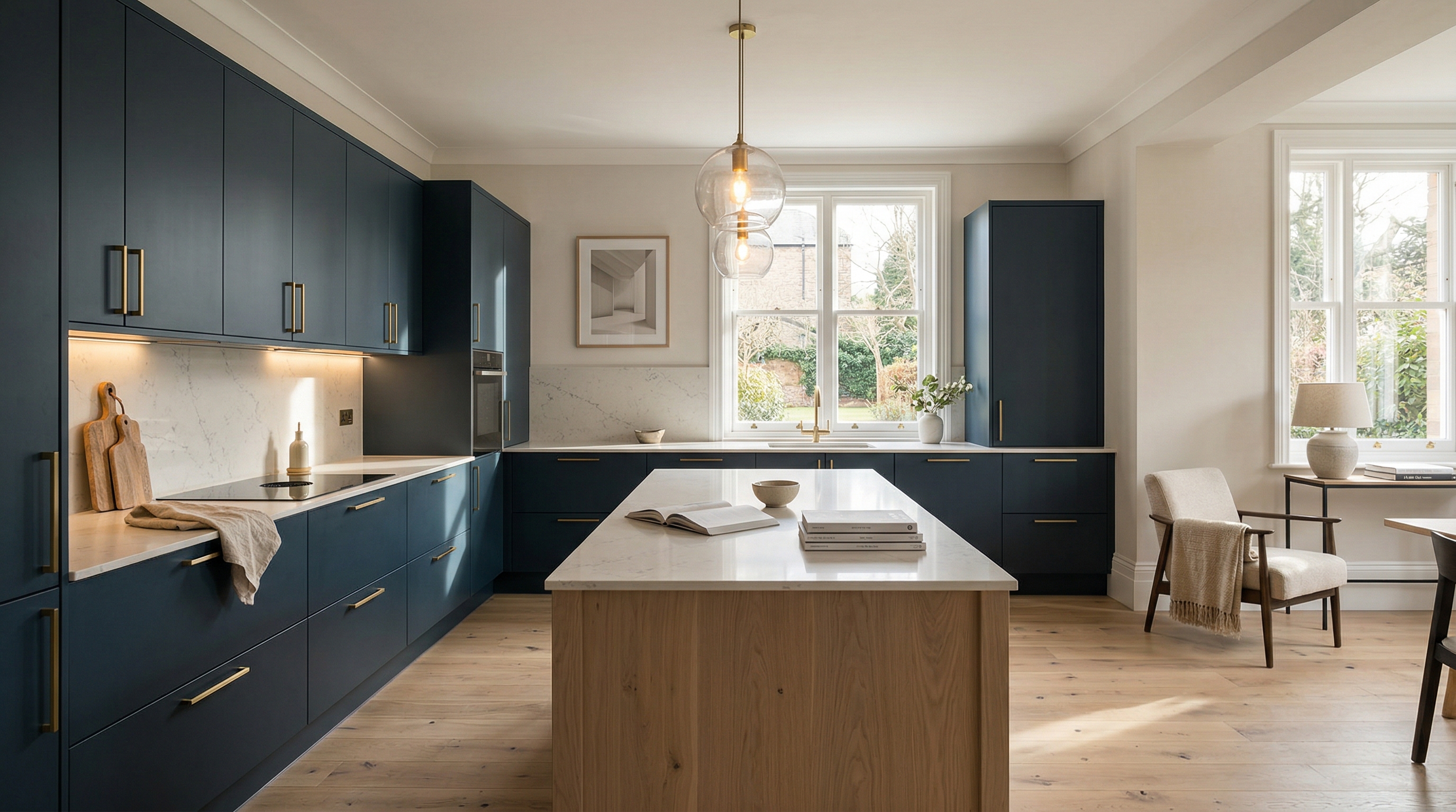 hero_1200x675 Wide view of a newly completed bespoke Mastercraft kitchen, matt painted handleless slab cabinetry in cardamom tones