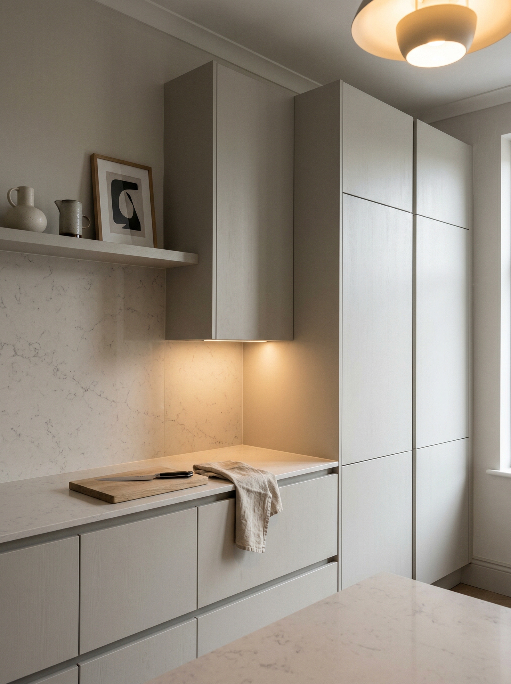 portrait1_600x800 Tall view of full-height bespoke kitchen cabinetry, matt painted handleless slab cabinetry